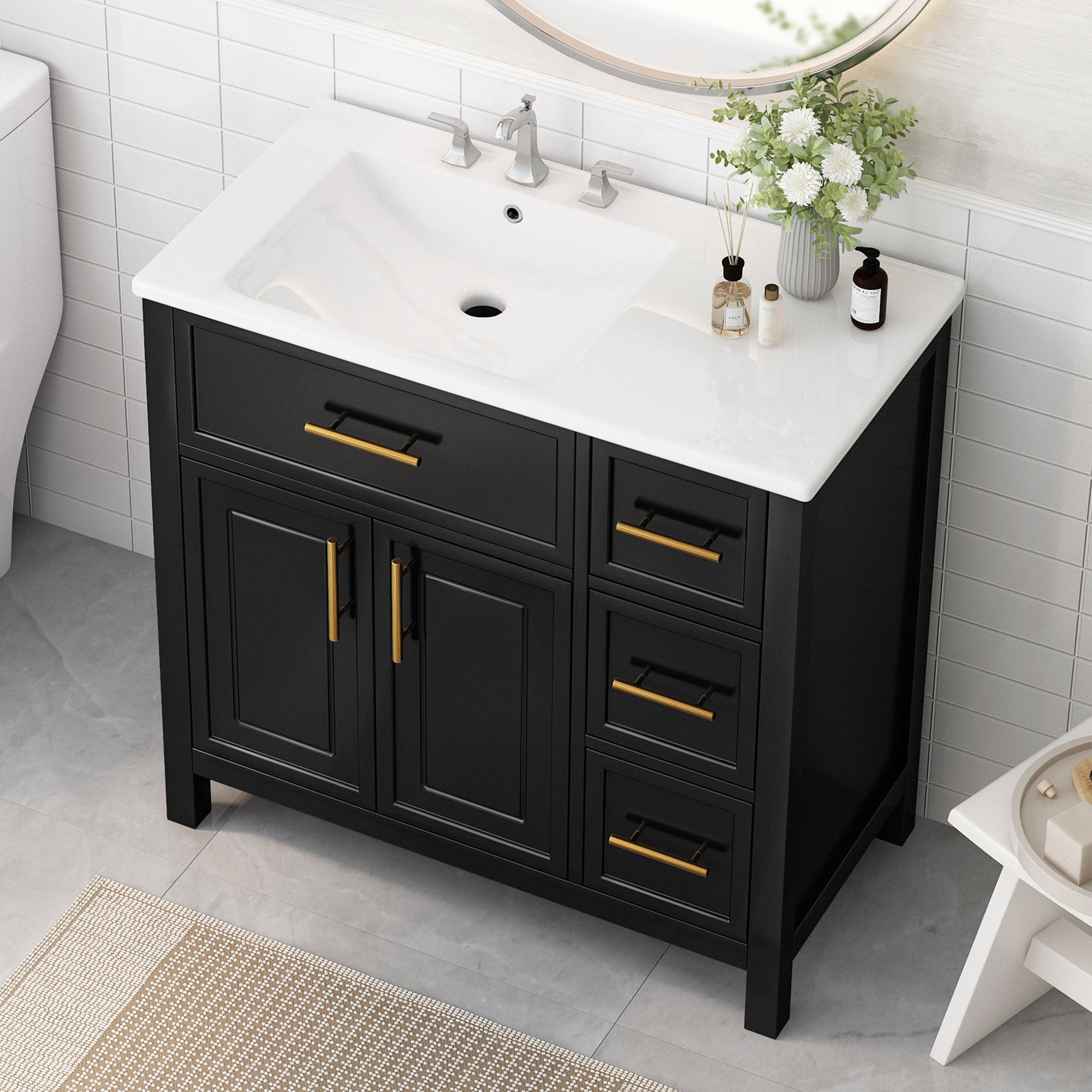 Black 36" Double Door Vanity w/ 3 Drawers