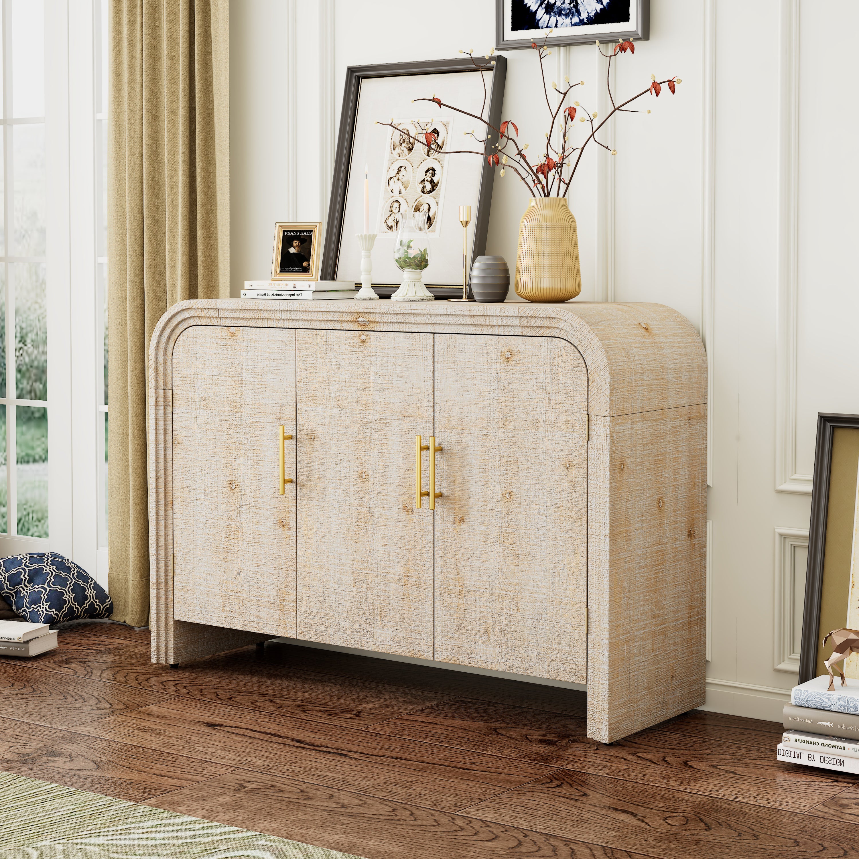 Retro Curved Sideboard: Minimalist Wood & Gold