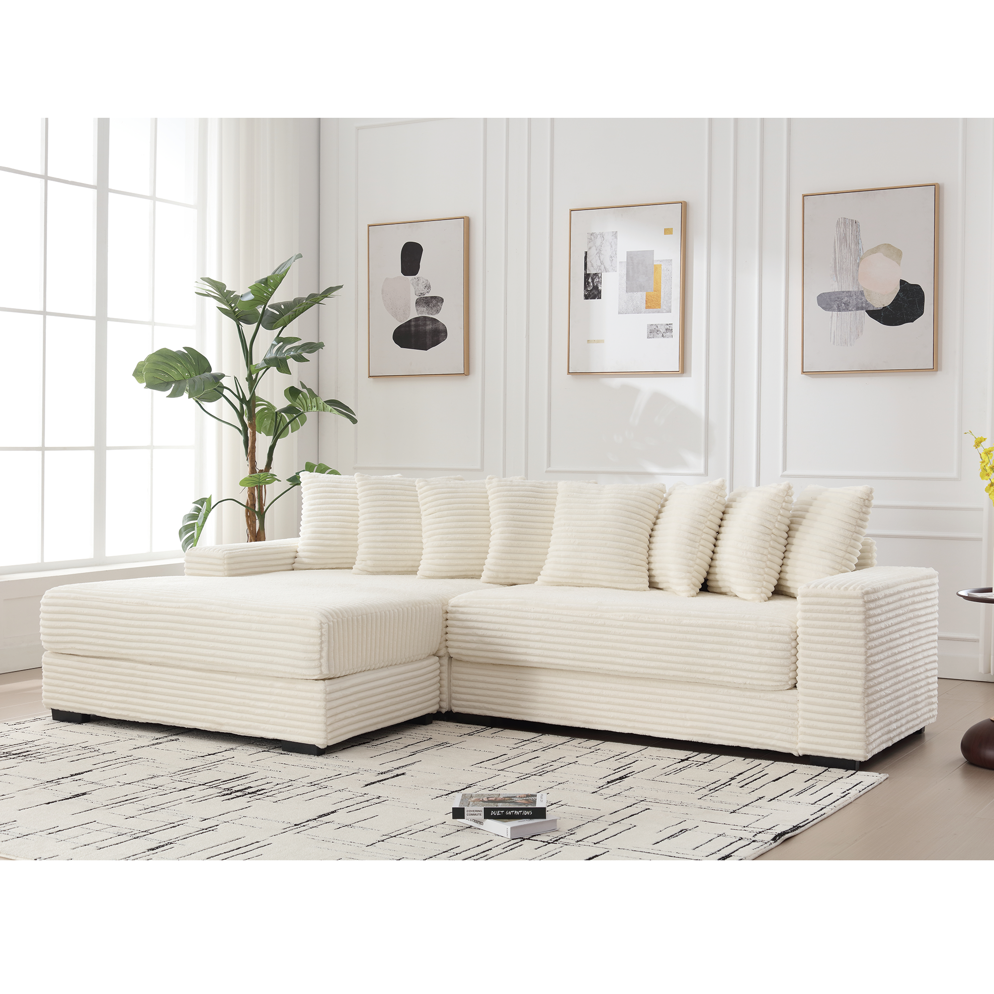 Oversized Corduroy L-Shaped Sofa w/ Chaise & Pillows - Beige