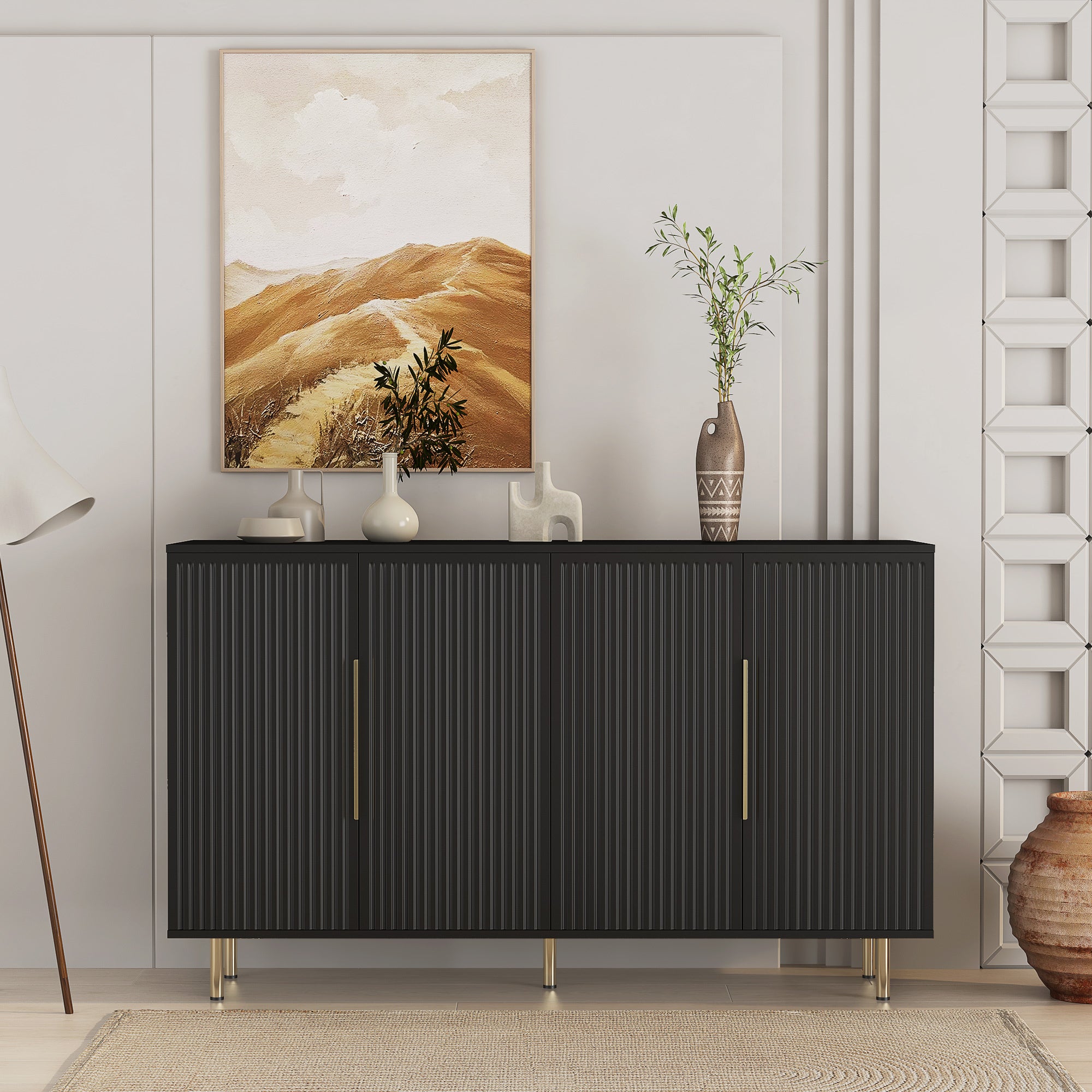 Modern Black Buffet Cabinet with Adjustable Shelves