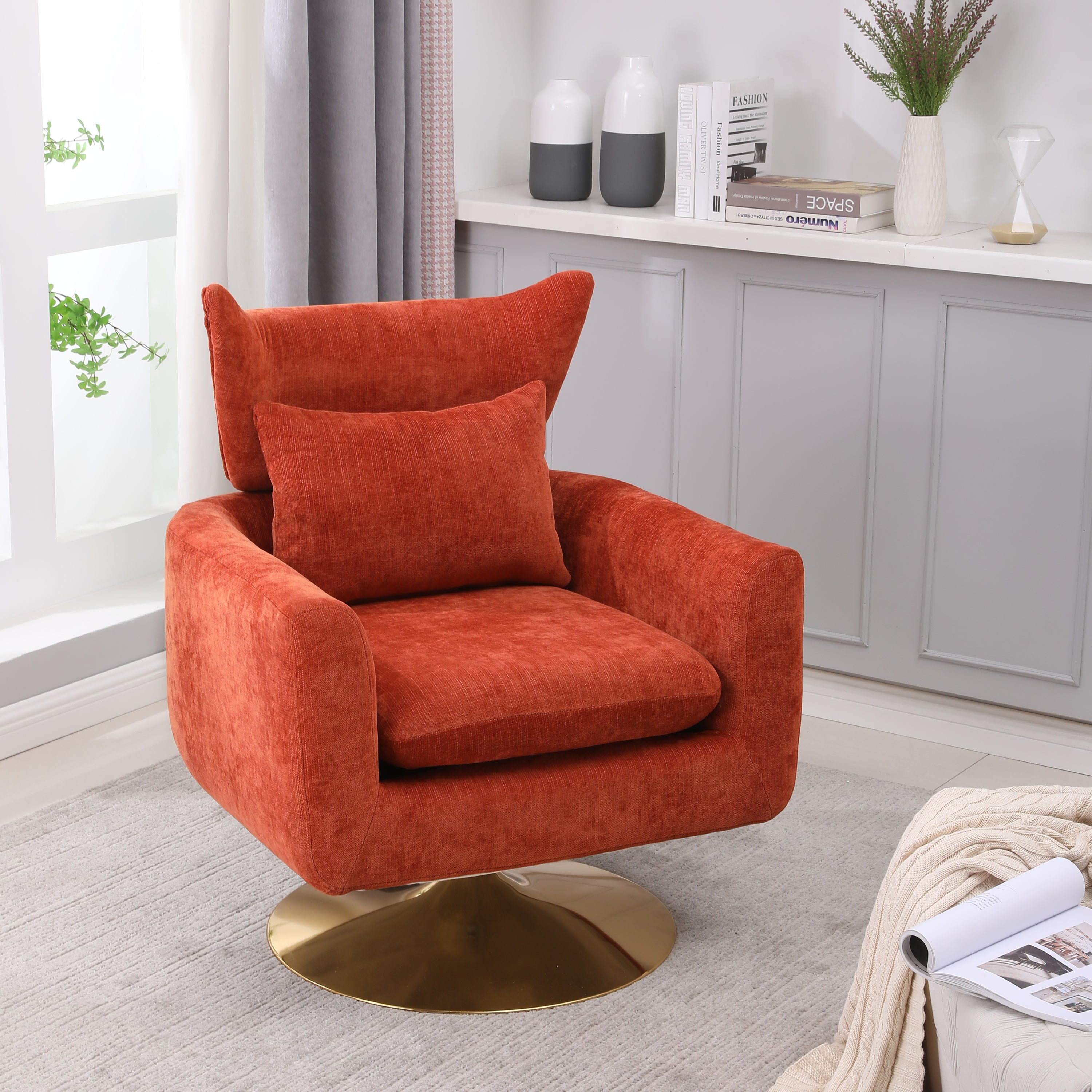 Mid-Century Swivel Accent Chair, Orange Linen (360°)