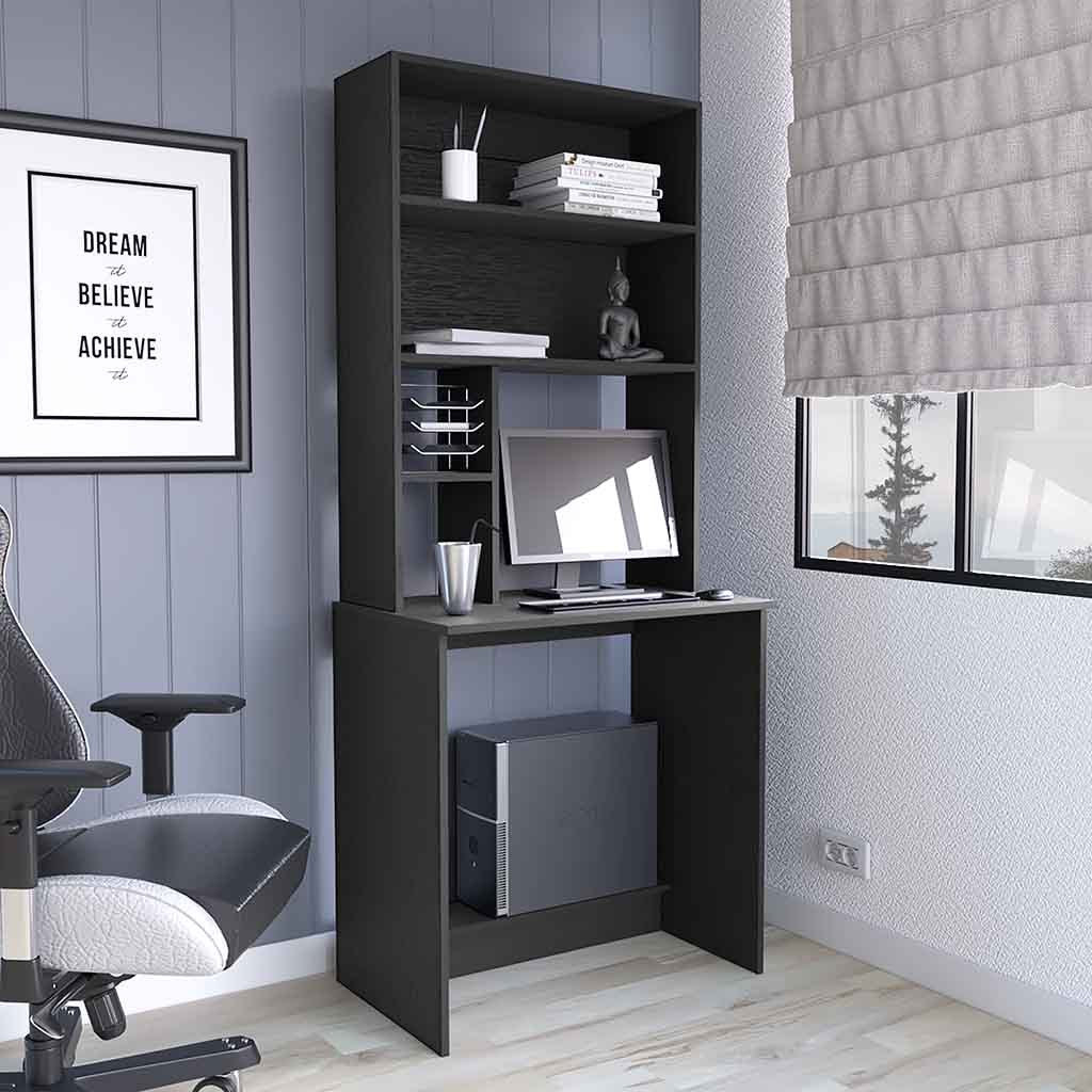 Black Computer Hutch Desk w/ Shelves