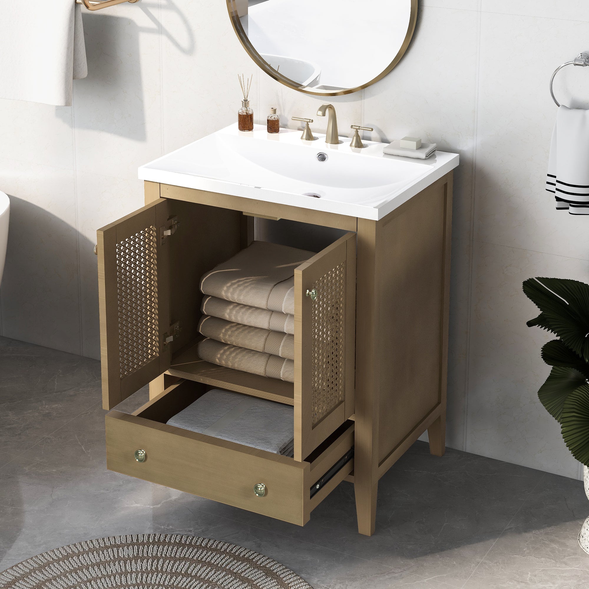 Rattan Bathroom Vanity: 24" Ceramic Basin & Storage