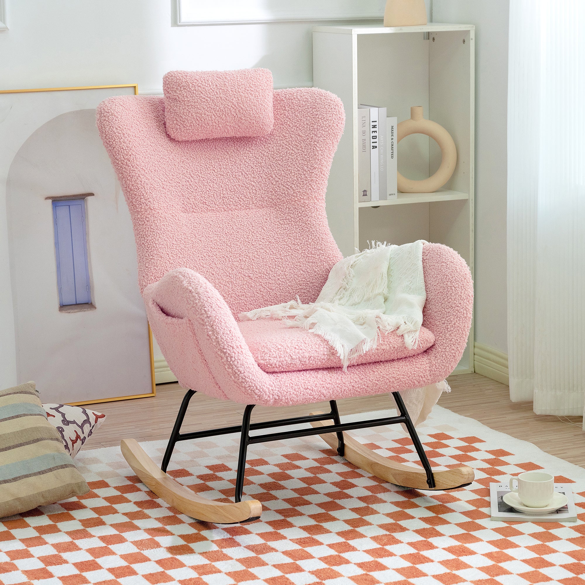 Teddy Rocking Chair, Nursery Glider w/ High Back, Pink