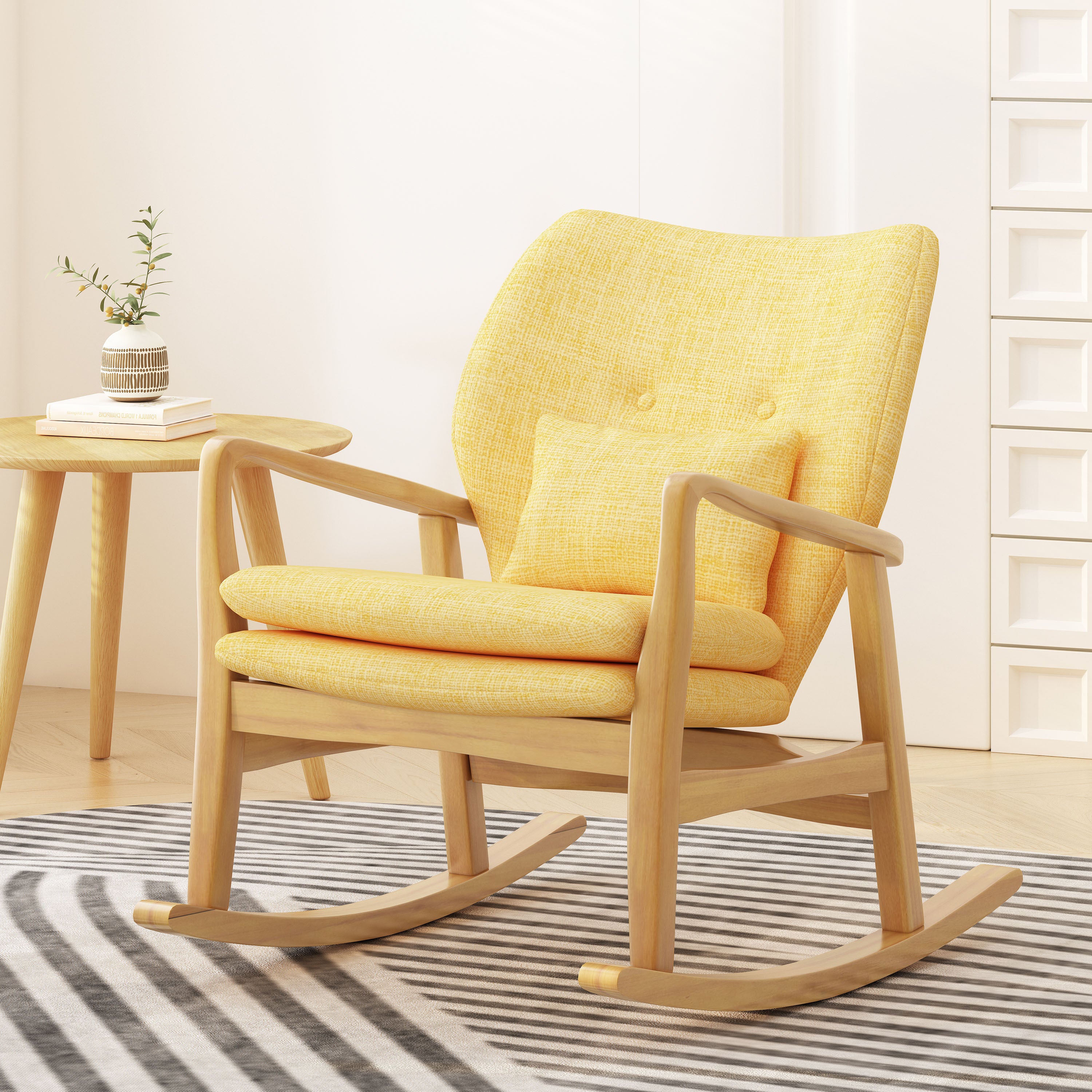 Elegant Solid Wood Rocking Chair | Yellow Linen Cushion