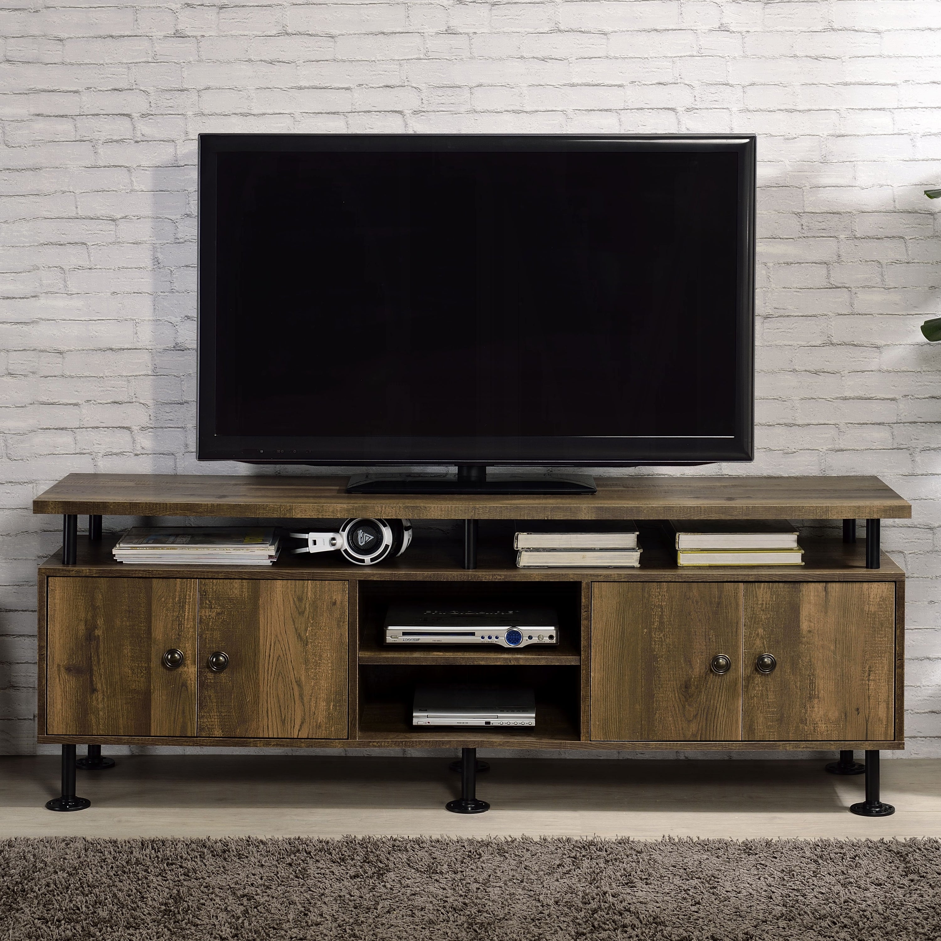 Rustic Oak & Black 2-Shelf TV Stand