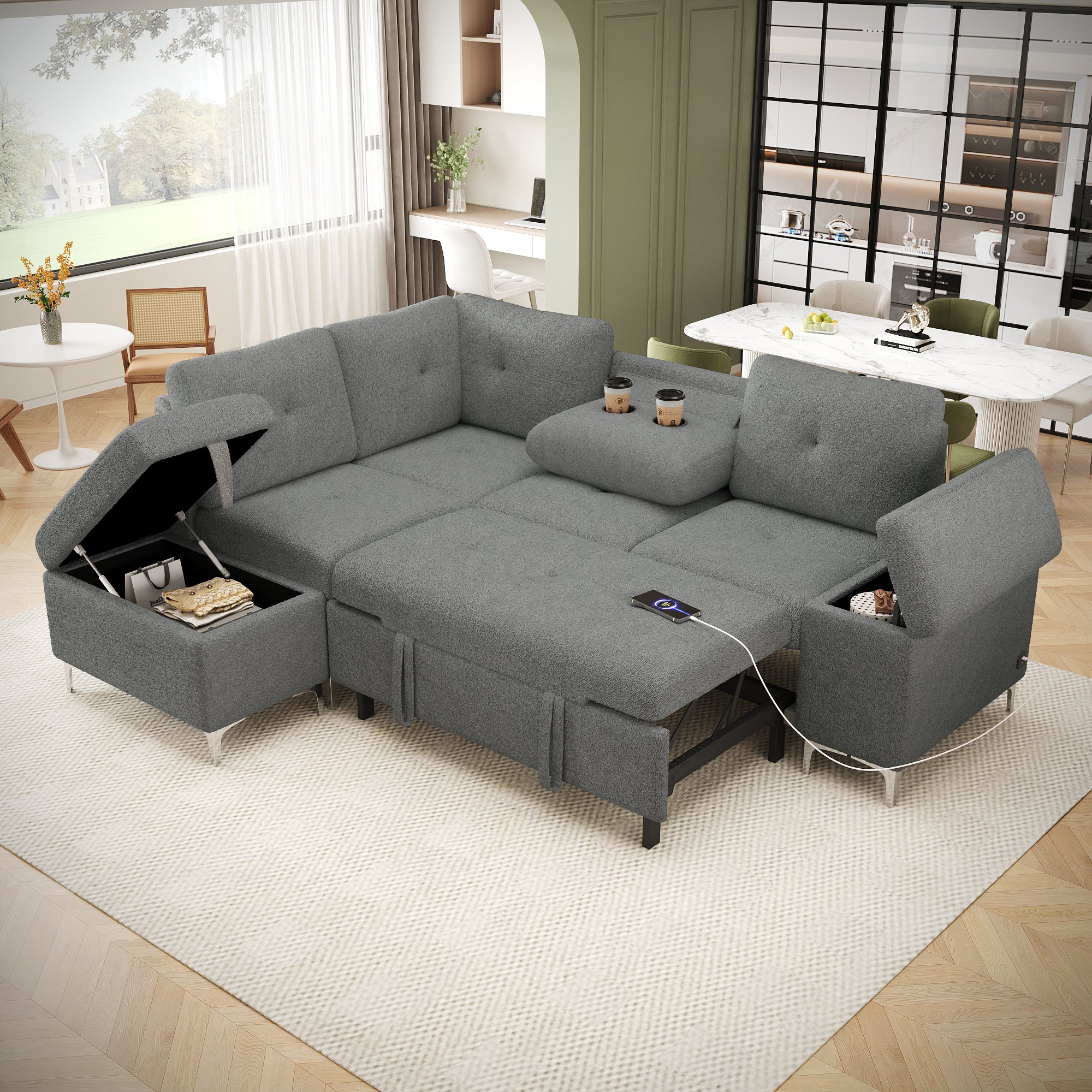 L-Shaped Sofa with Storage & USB: Gray
