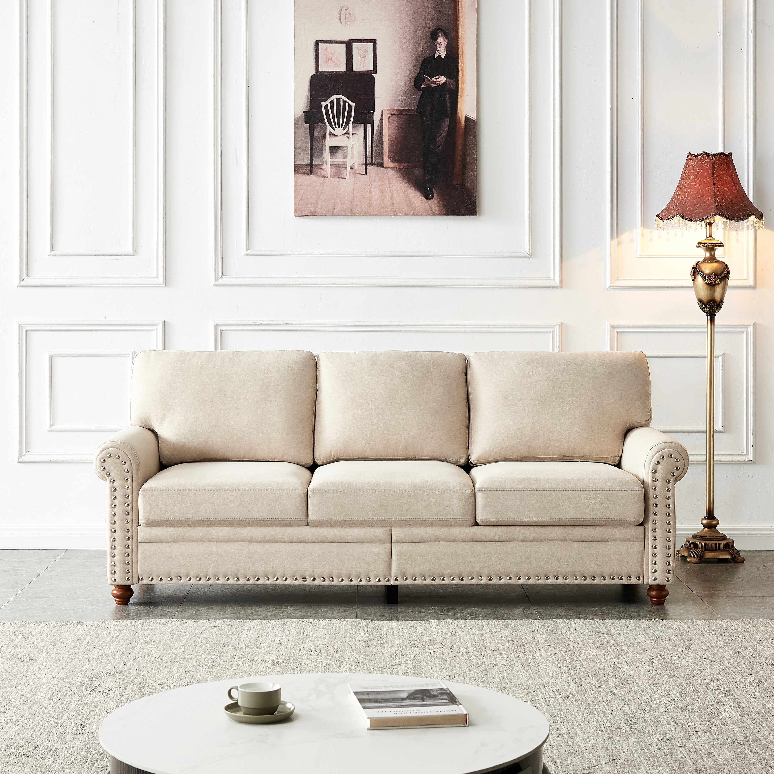 Beige Linen Sofa with Storage: Upholstery