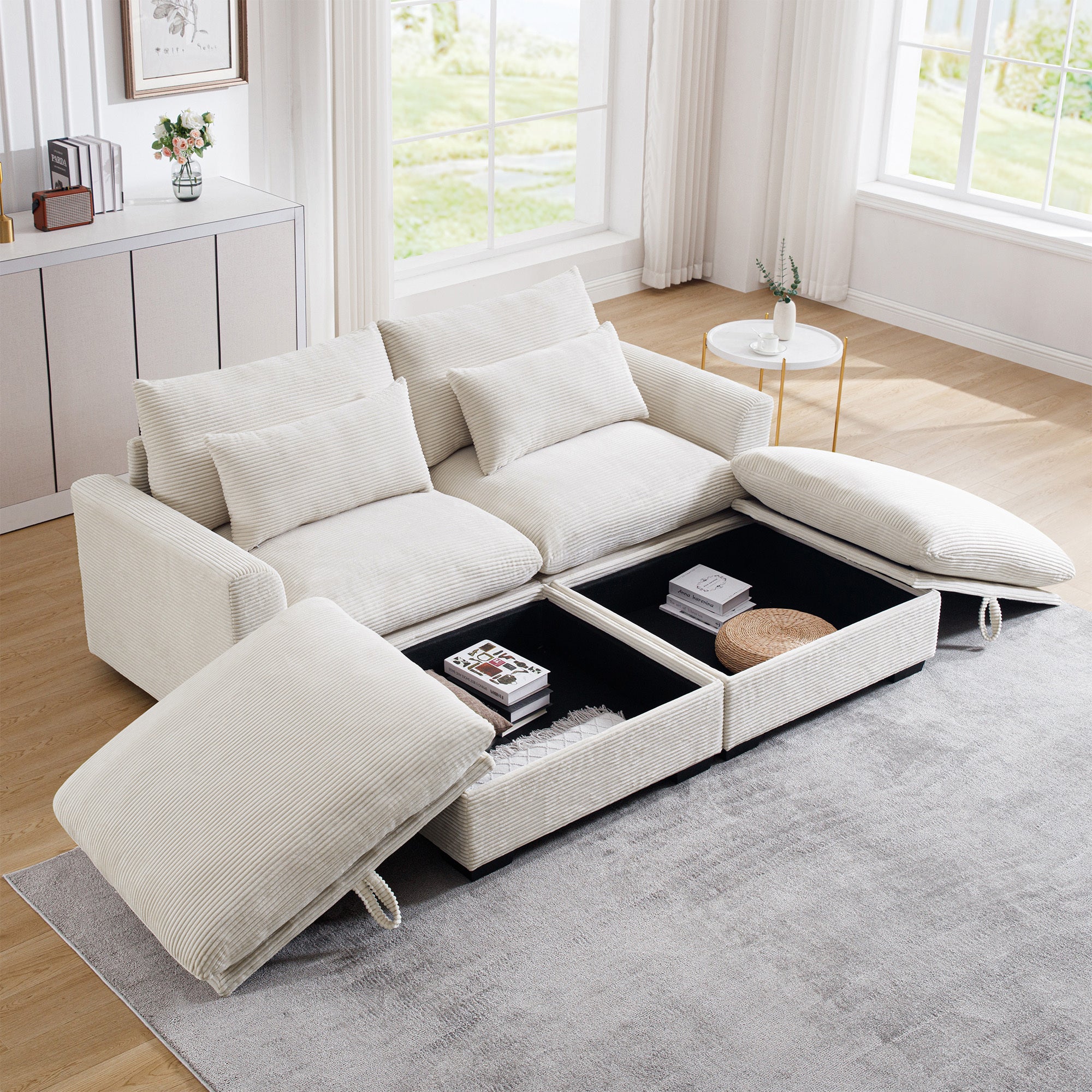 Beige Corduroy Sofa: Deep Seat & Storage