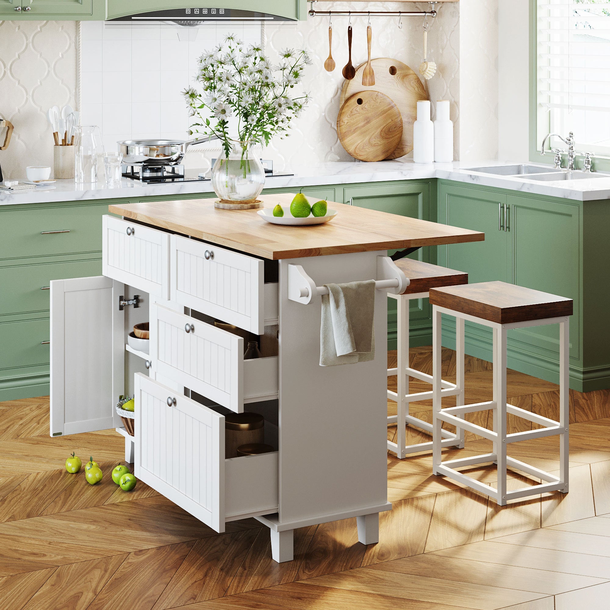 Farmhouse Kitchen Island: Drop Leaf, Storage, Seating