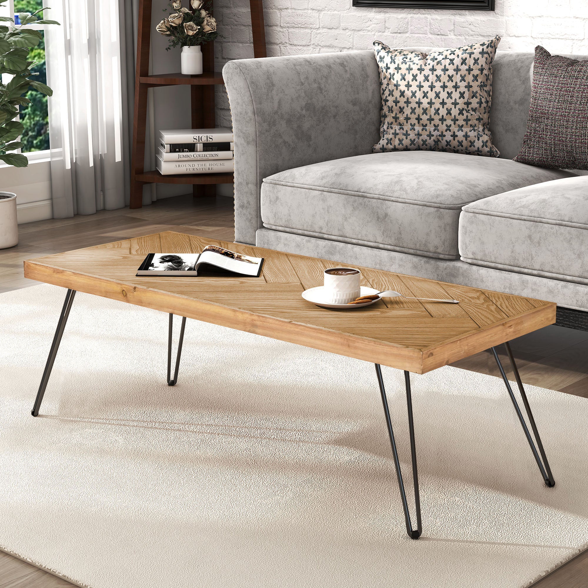 Modern Chevron Coffee Table | Metal Leg Accent | Living Room Centerpiece