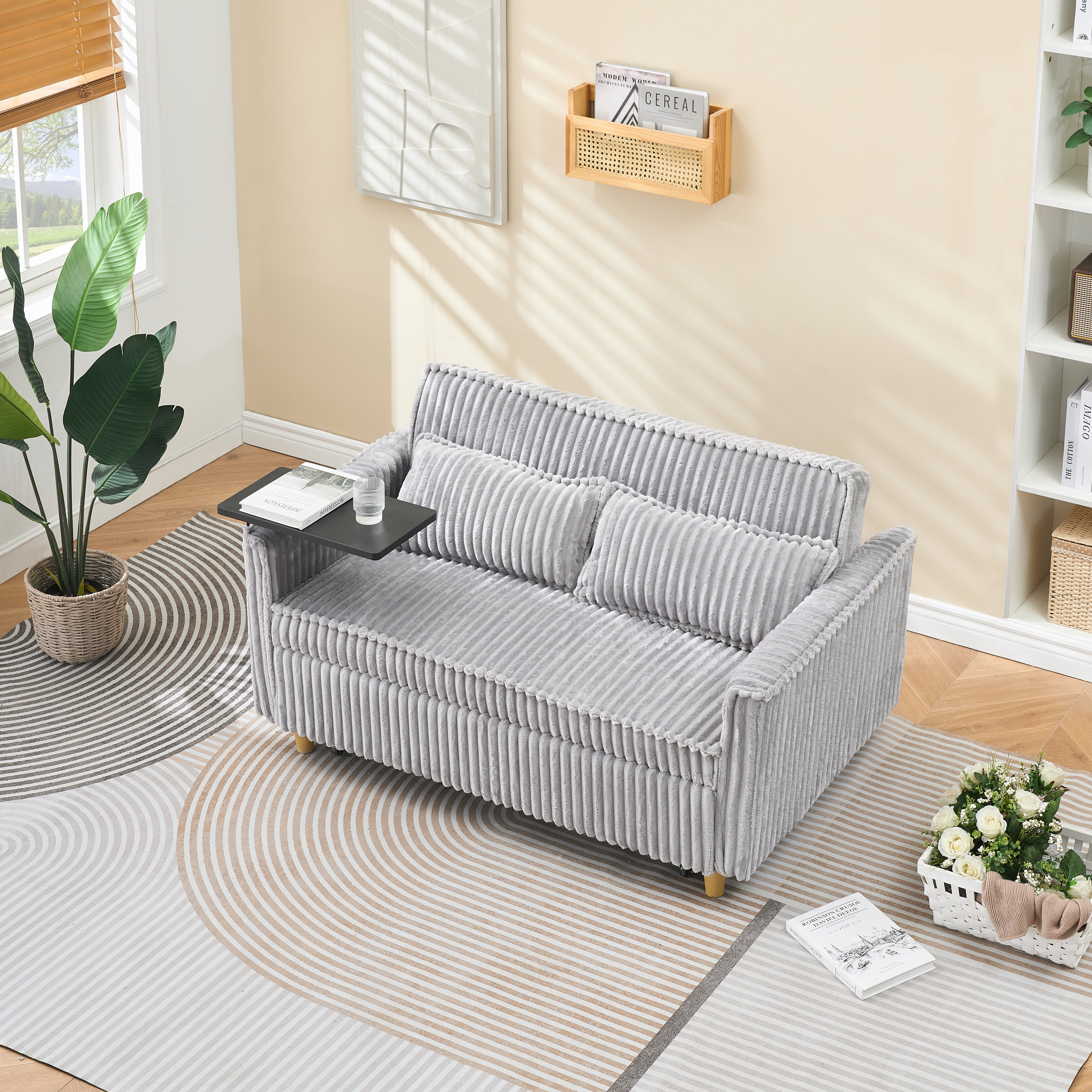 Gray Corduroy Sofa Bed w/ Table & USB