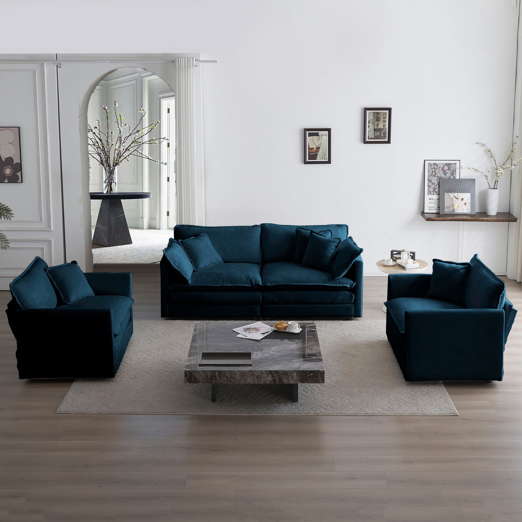 Blue Chenille Sofa Set: 2 Armchairs & 2-Seat Sofa