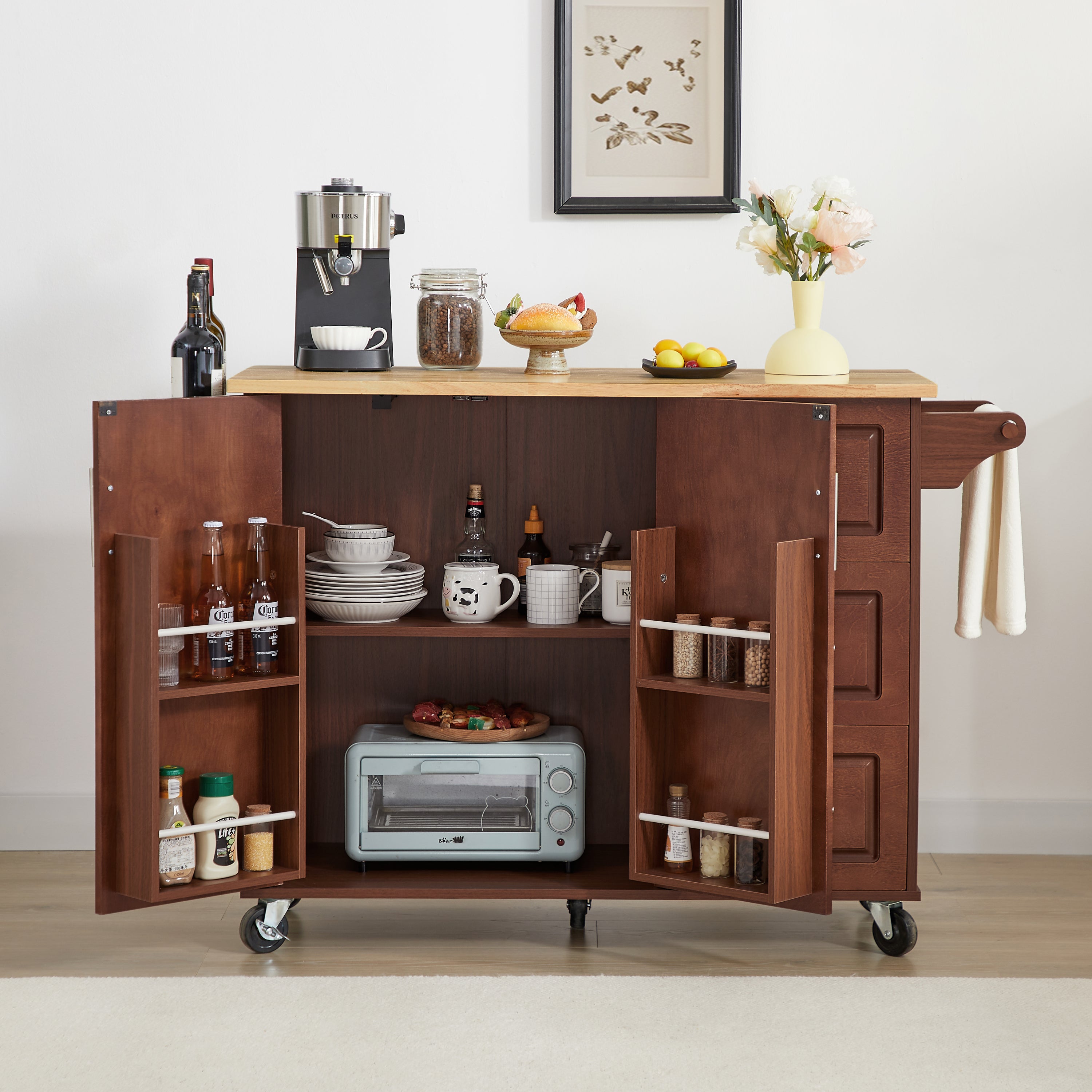 Retro Brown Kitchen Island: Drop Leaf, Rolling Cart
