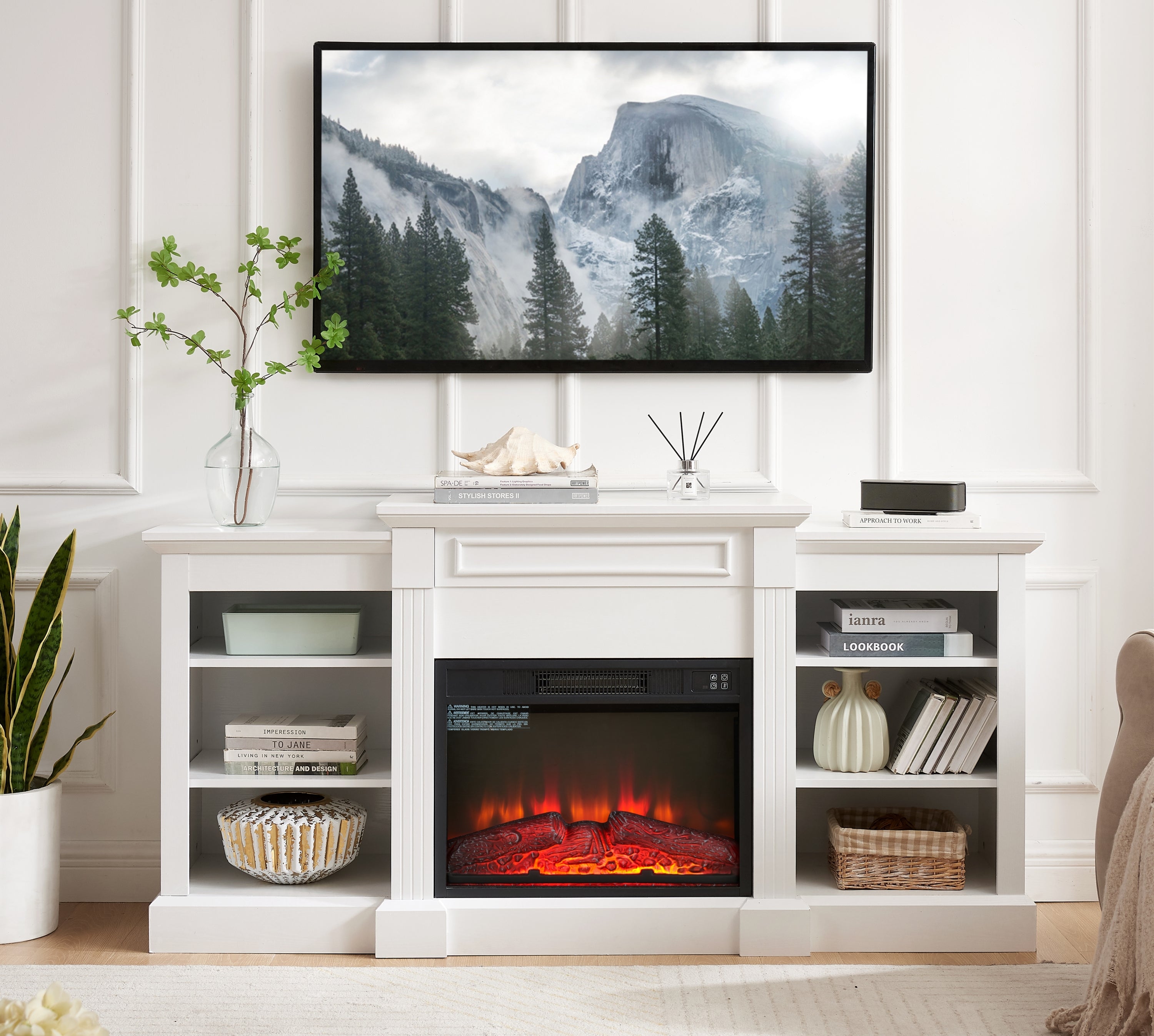 White Fireplace TV Stand Console, 70" TV, Storage Cabinet