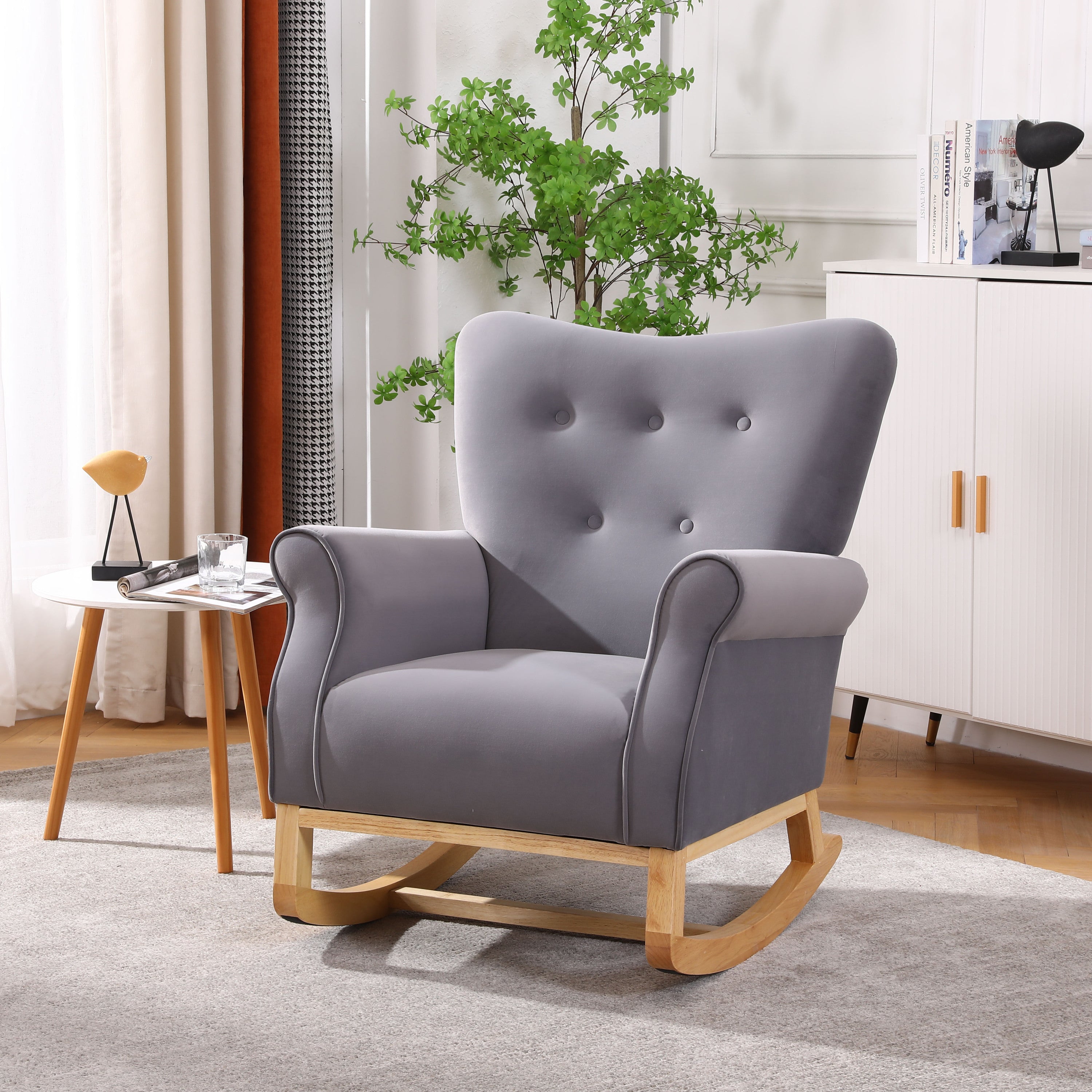 Modern Rocking Chair, Grey Upholstered Accent Chair
