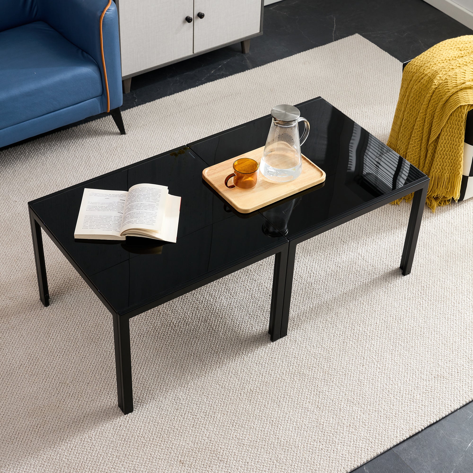 Modern Coffee Table Set: Black Glass Top, Square