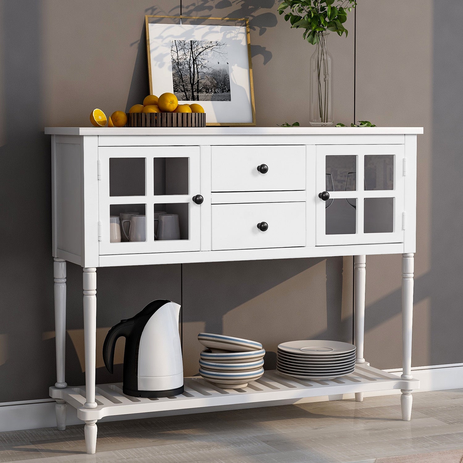 Farmhouse White Sideboard: Wood & Glass Console