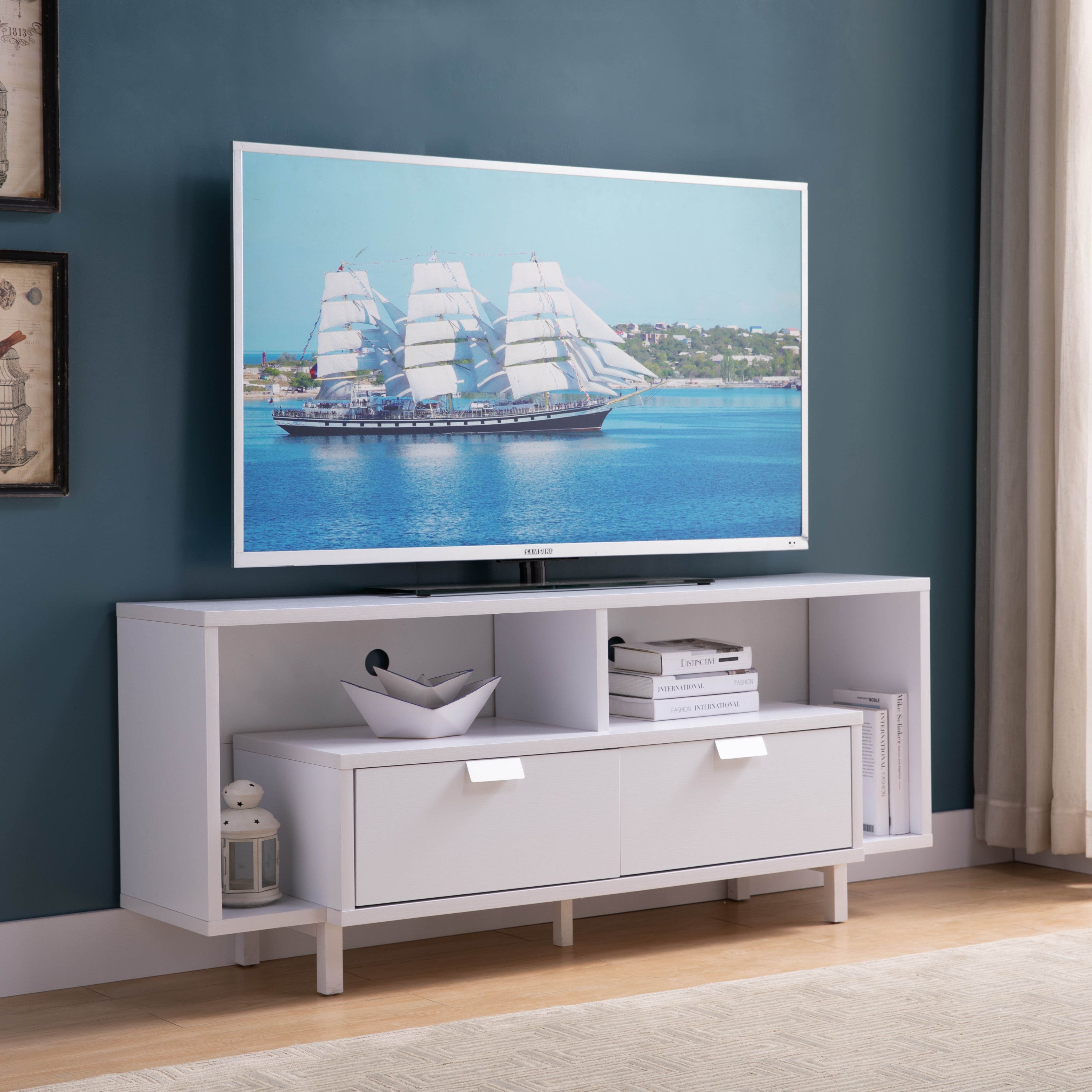 White TV Stand w/ Wire Cutouts & U-Legs