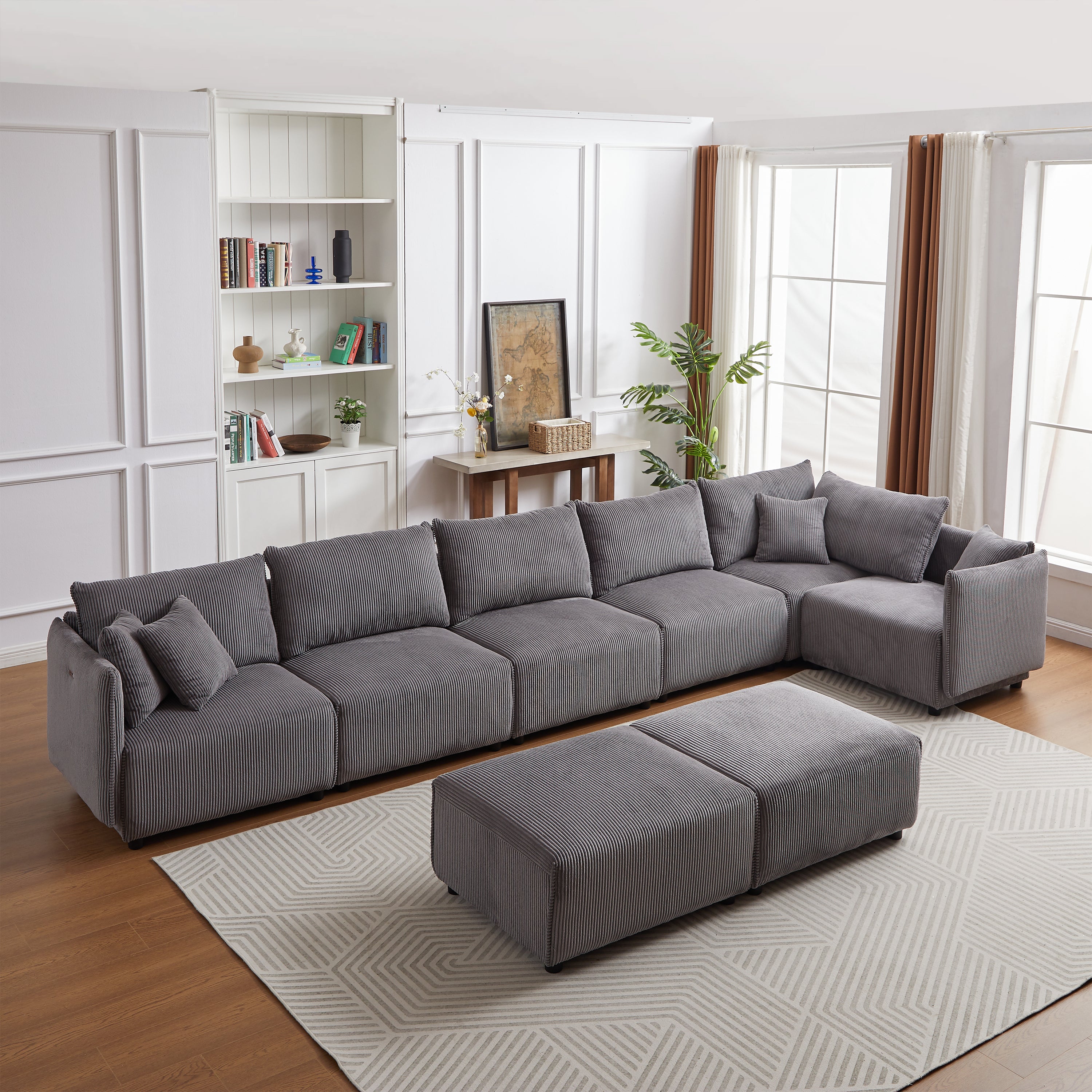 Modern Corduroy Sofa w/ USB Charging, Gray (2 Sets)