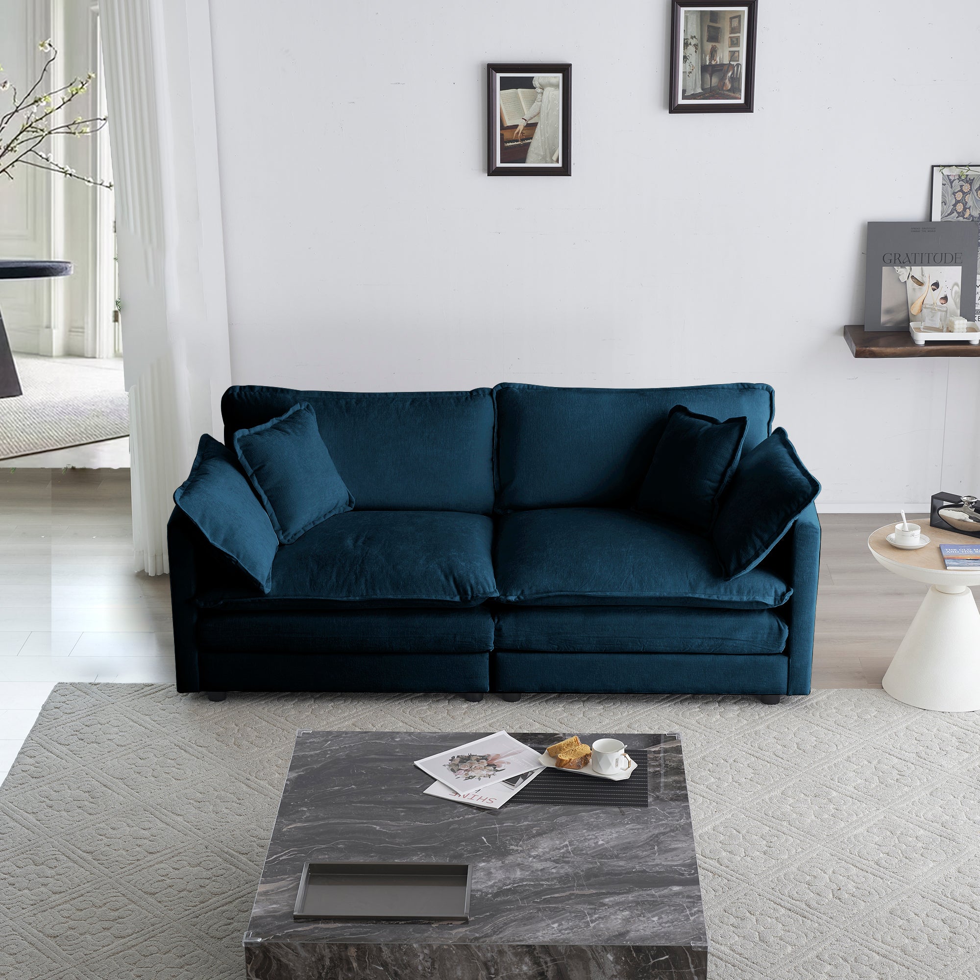 Modern Blue Chenille Loveseat Sofa with Pillows