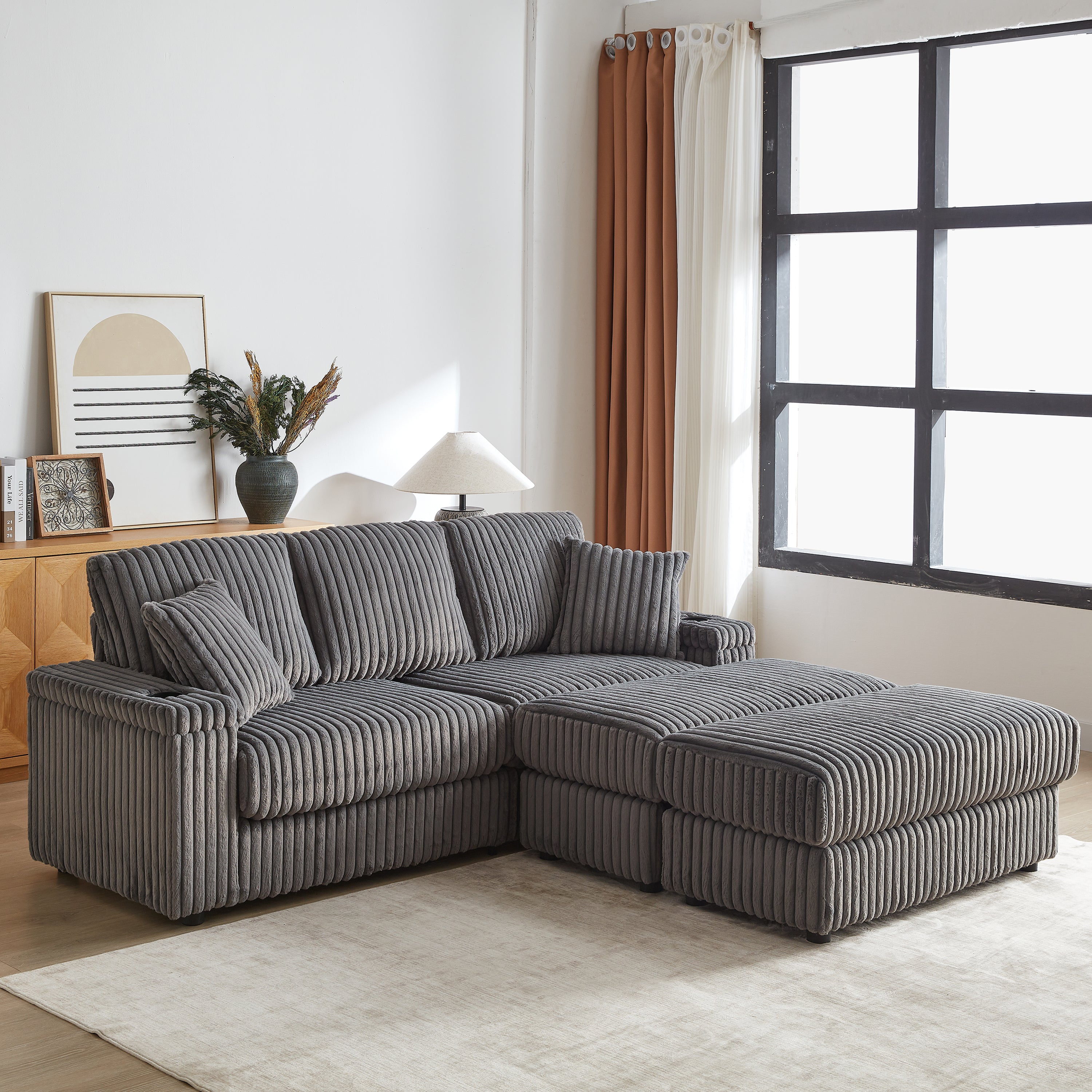84" Corduroy Sofa w/ Ottoman, Storage & Cup Holders