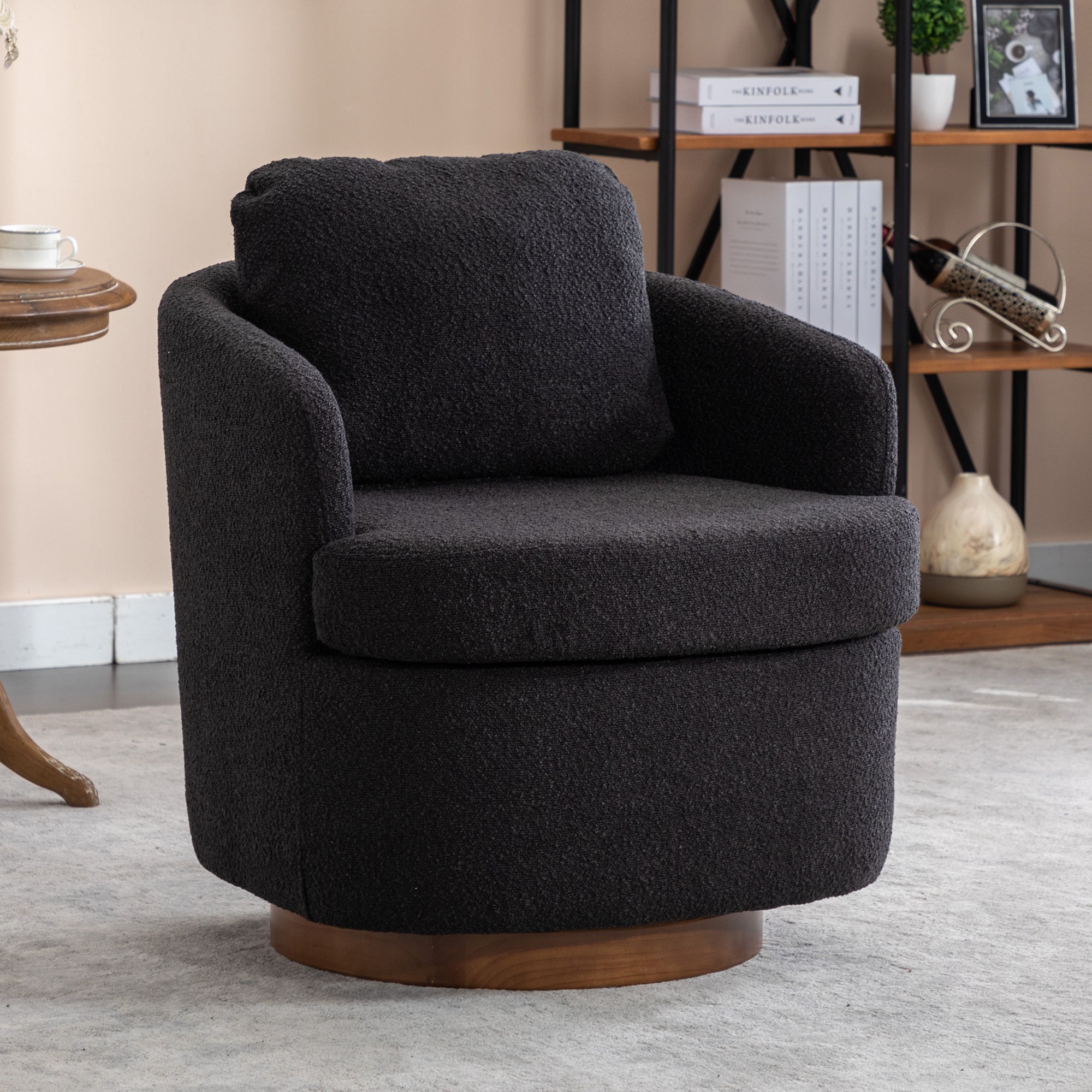 Boucle Swivel Accent Chair | Brown Wood Legs