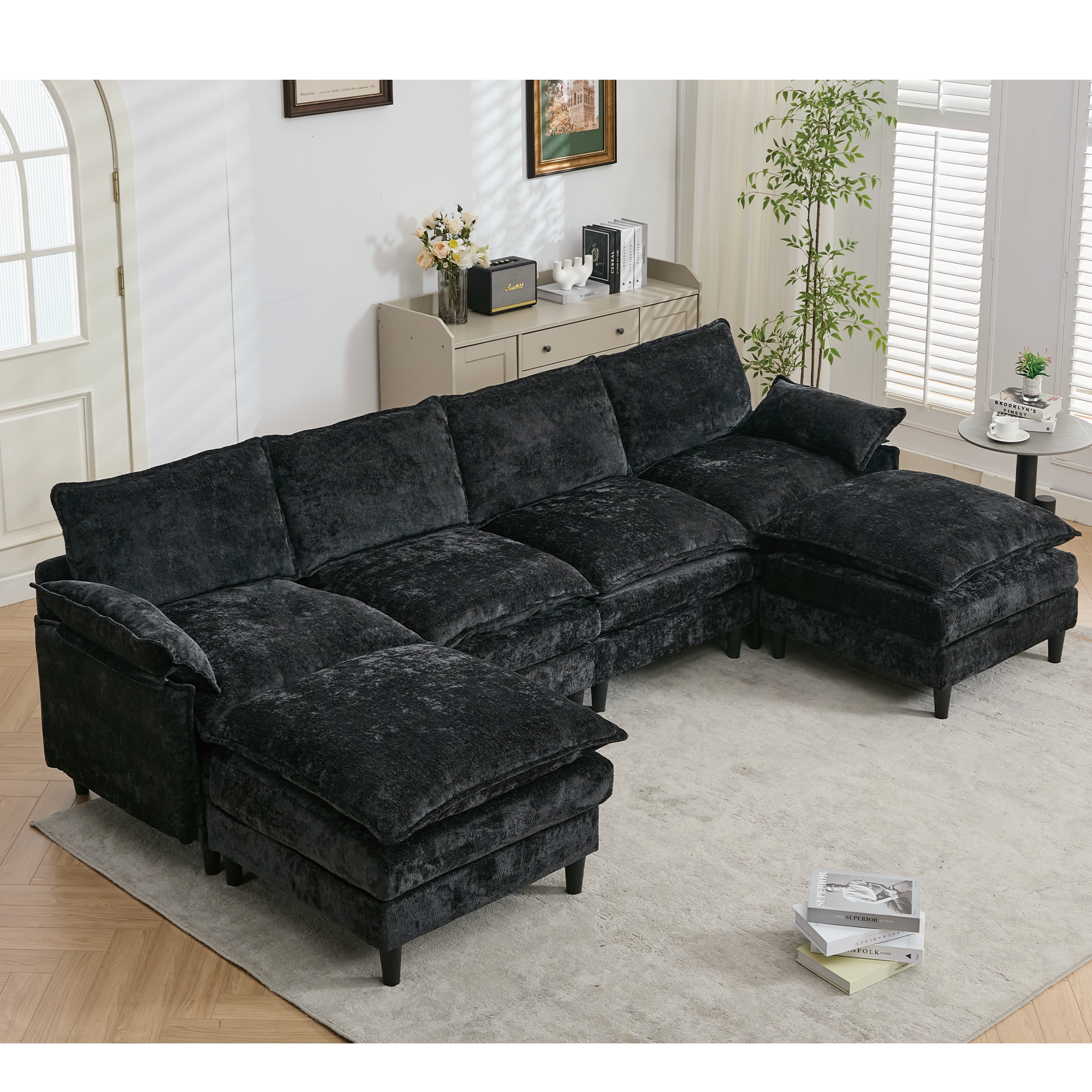 U-Shaped Modular Sofa | 6-Seater Cloud Couch | Black Chenille