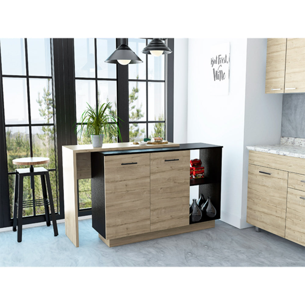 Chesterfield Kitchen Island, Black & Oak, 2 Shelves & Drawer