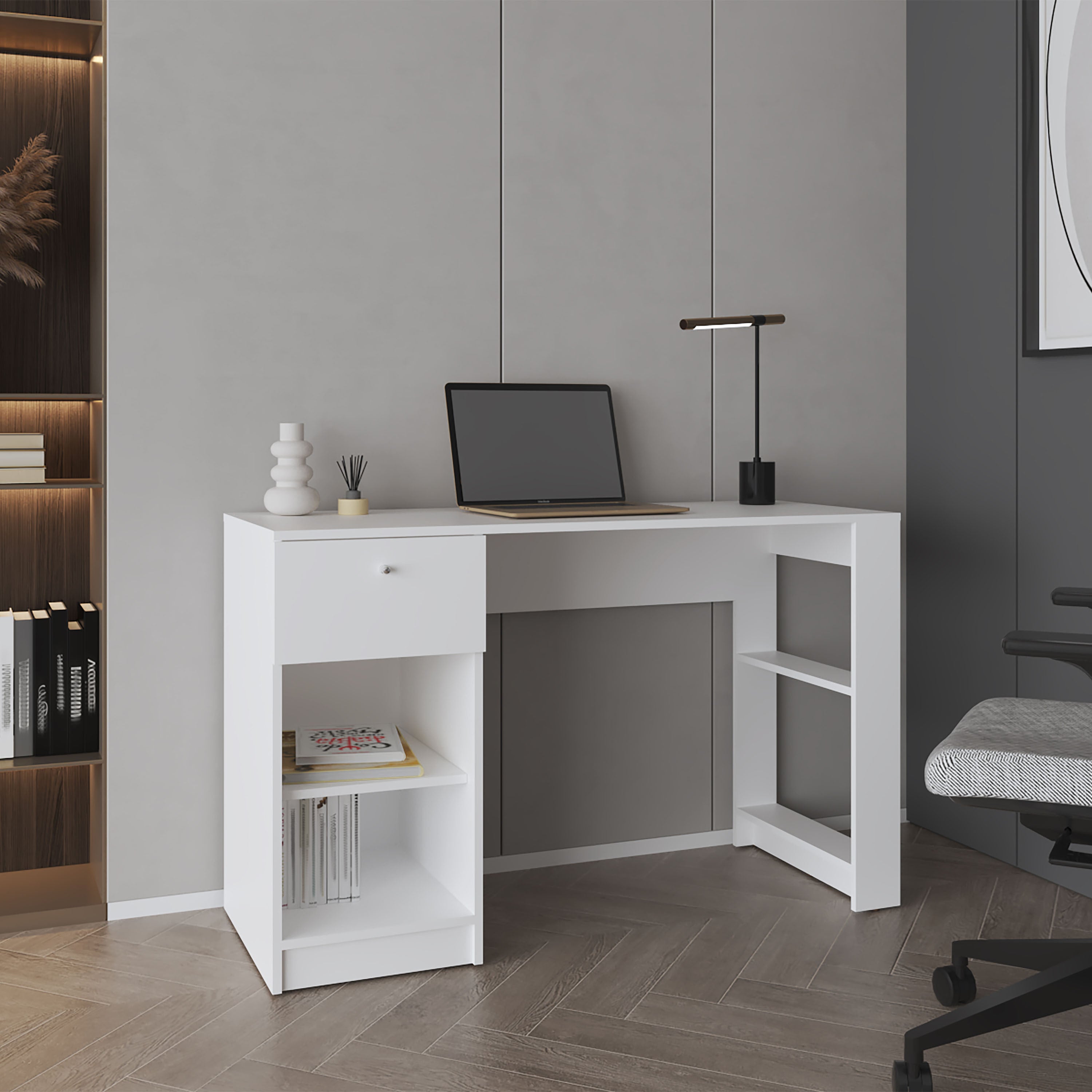 White Computer Desk w/ Drawer & Shelves | Home Office Desk