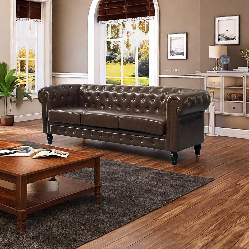 Chesterfield Sofa: PU Leather 3-Seater Sofa