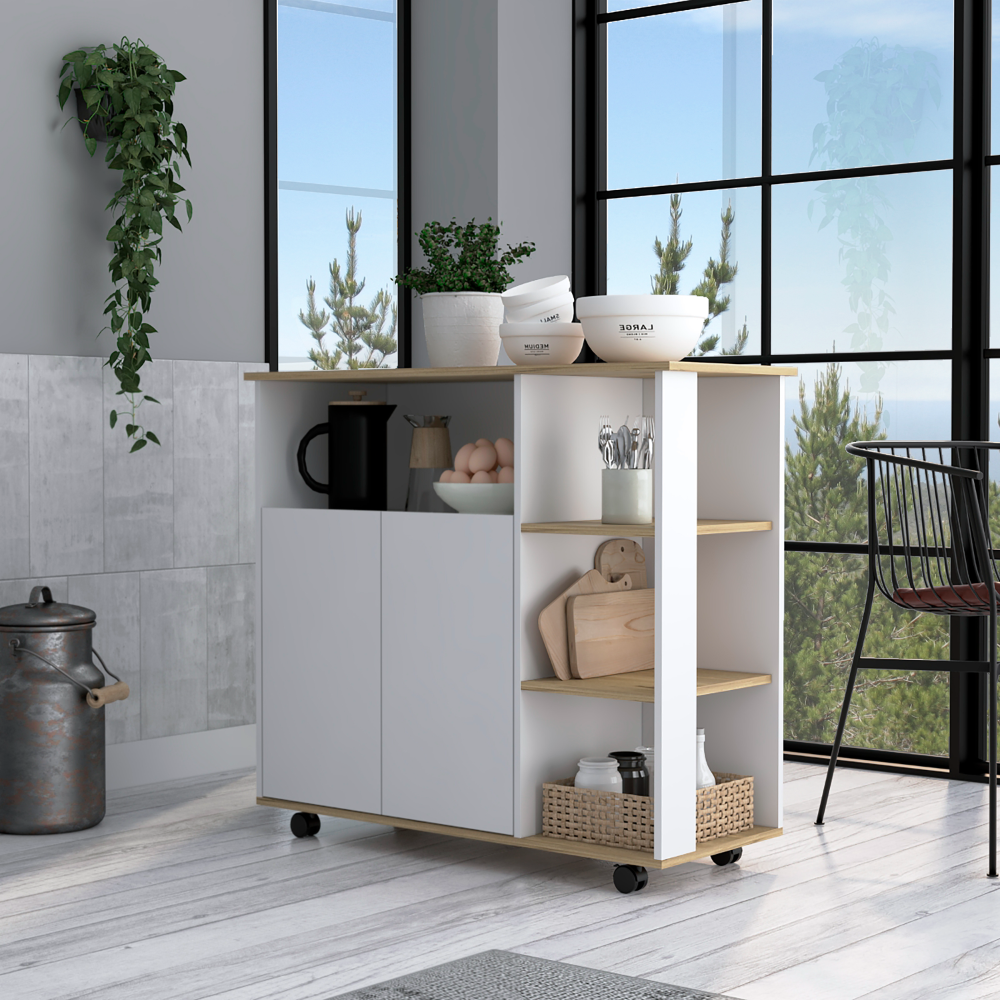 Rolling Kitchen Cart, 35"H w/ Cabinet & Shelves - Light Oak/White
