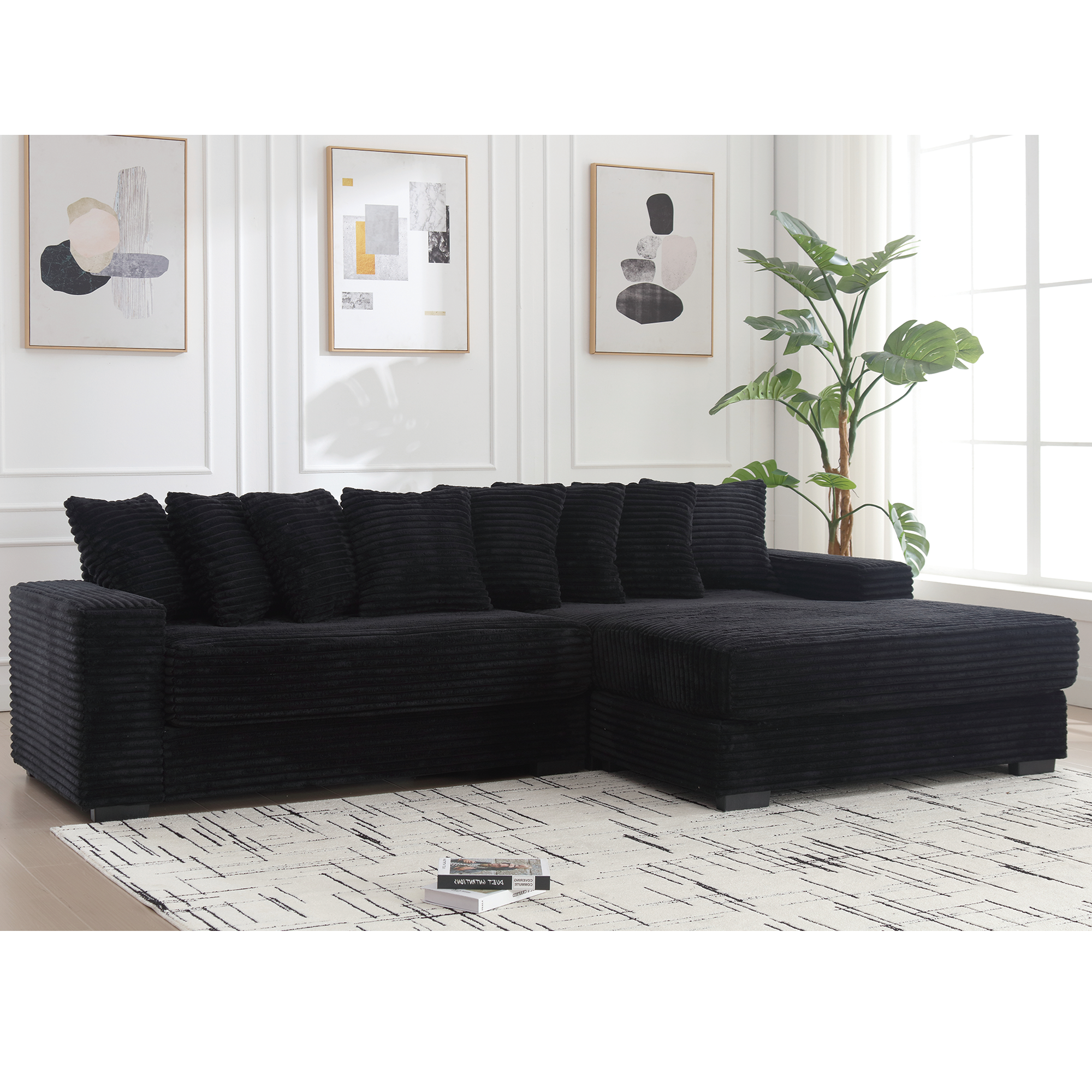 Oversized Corduroy L-Shaped Sofa w/ Chaise & Pillows - Black