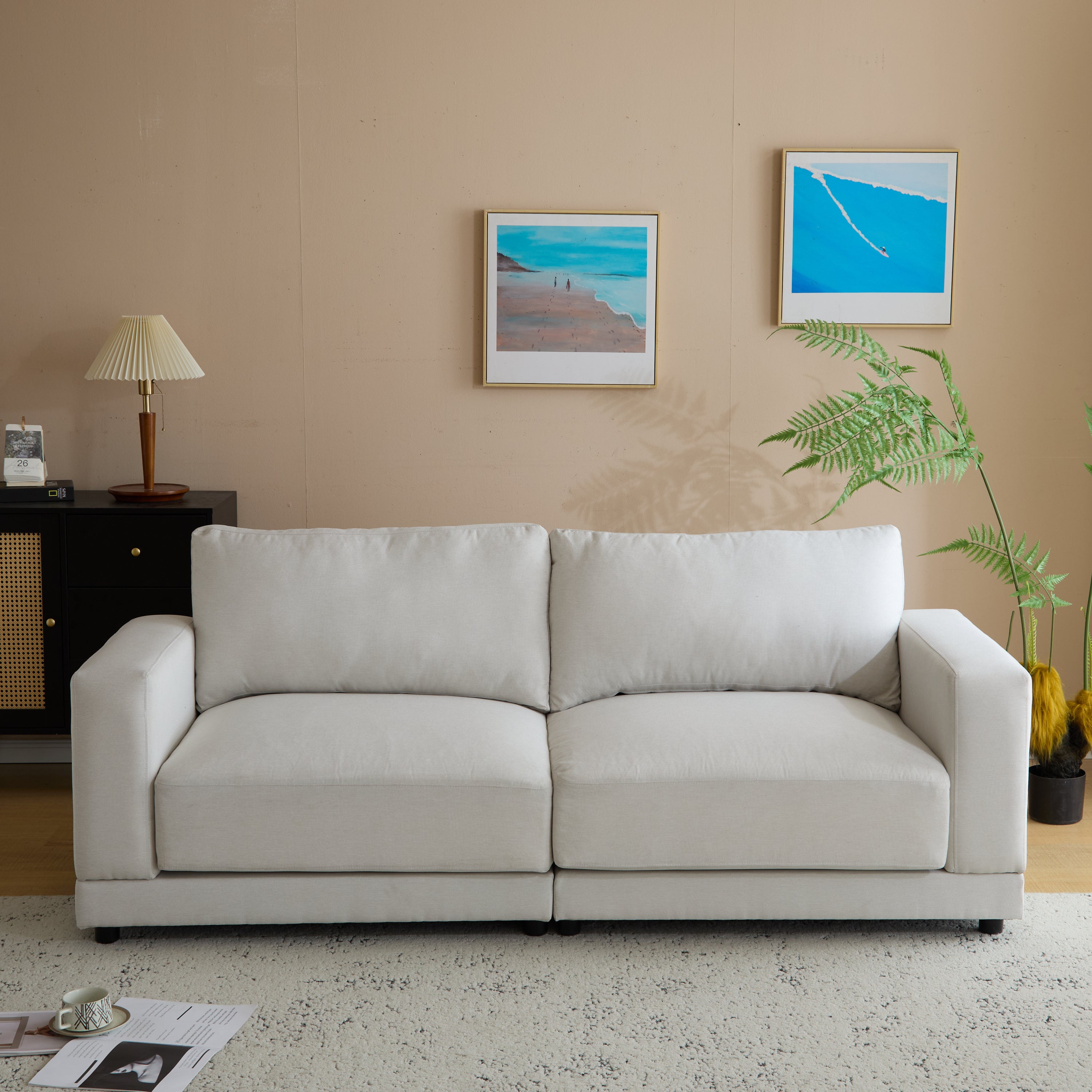 White Modern Sofa: 81" Square Arm, Deep Cushions