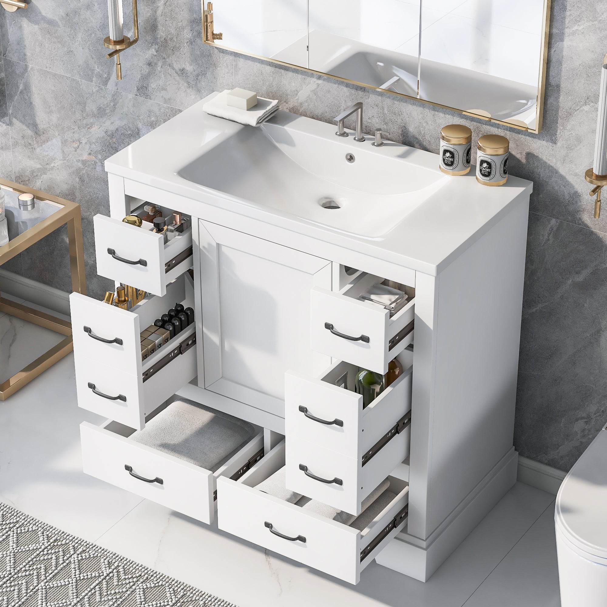36" White Bathroom Vanity w/ Sink & 6 Drawers