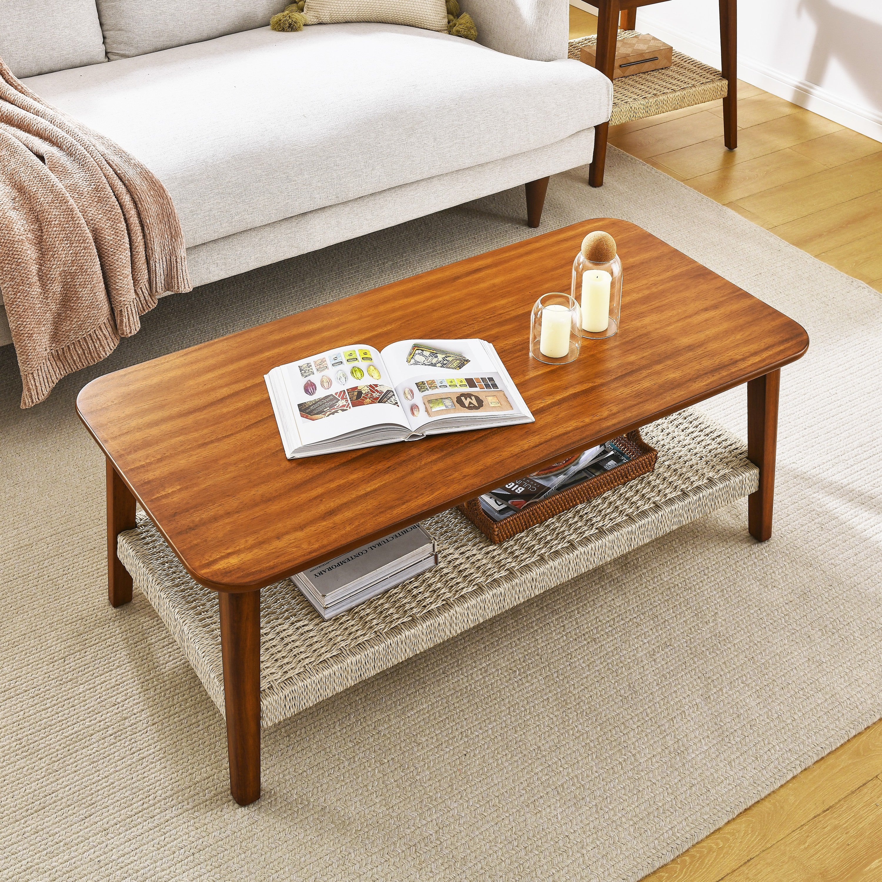 Mid-Century Rattan Coffee Table with Storage