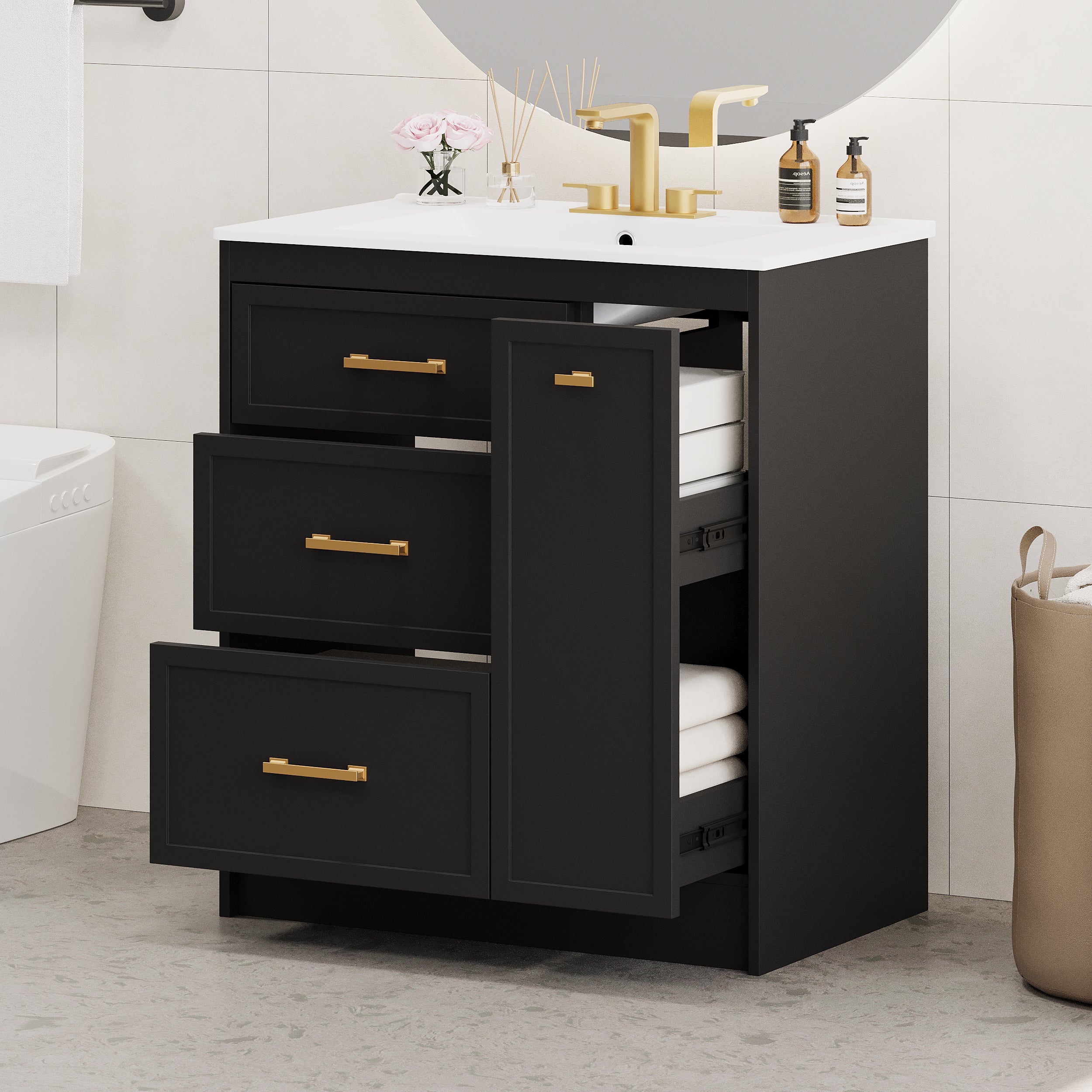 Black 30" Bathroom Vanity: 3 Drawers, Gold Handles