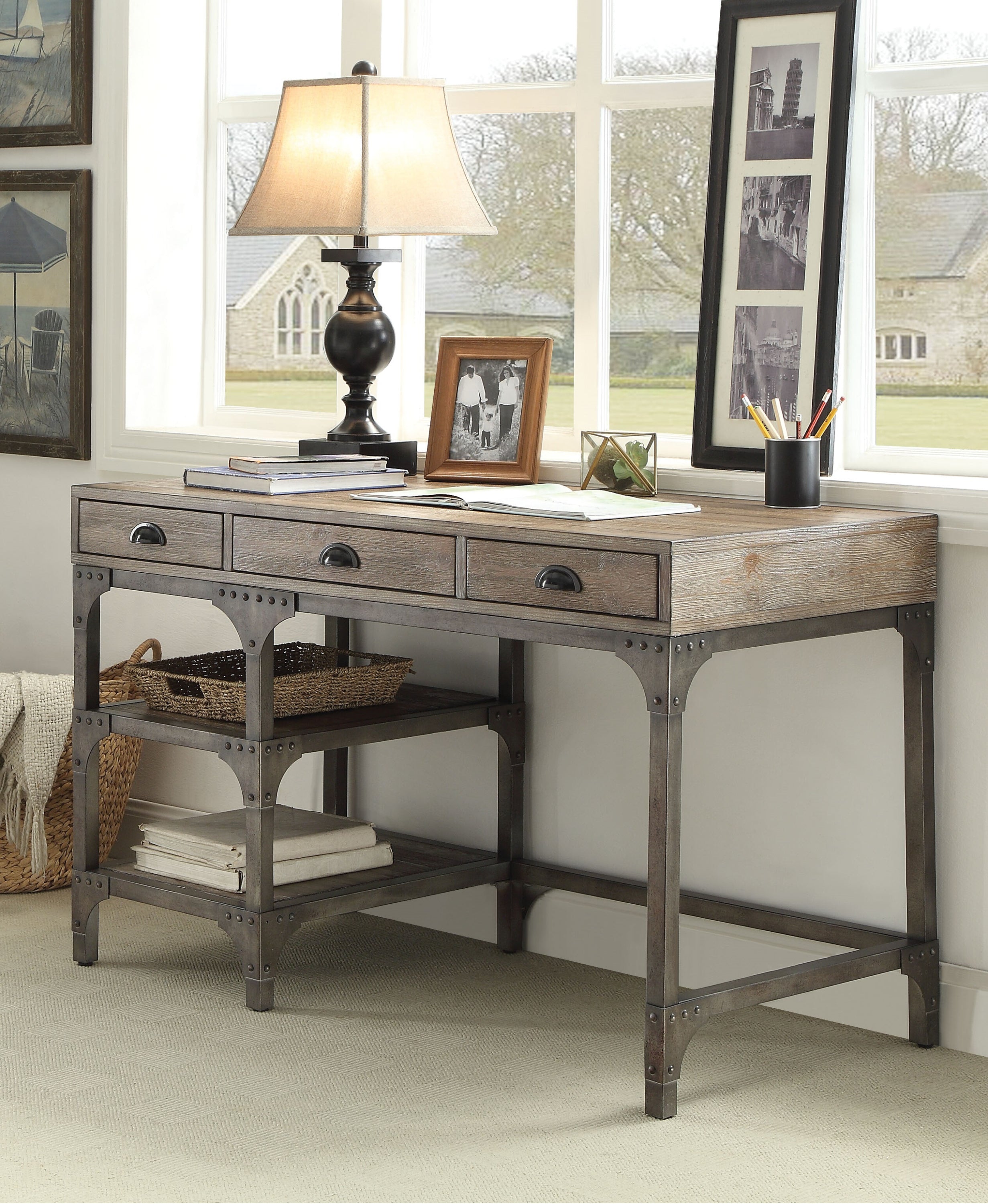 Weathered Oak & Silver 3-Drawer Writing Desk