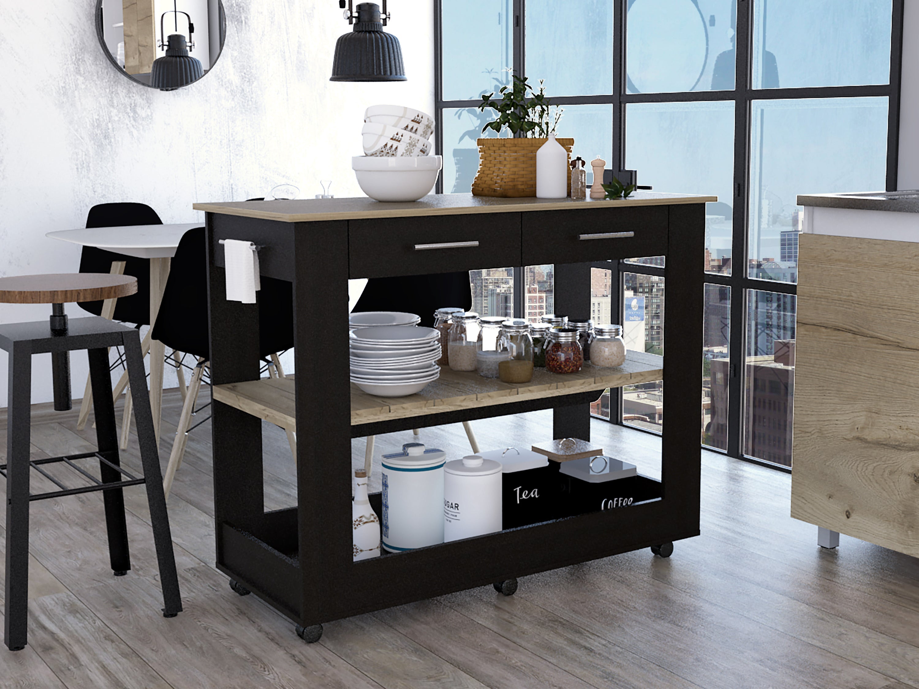 Rockaway Kitchen Island: Black & Oak, 2 Drawers, 2 Shelves