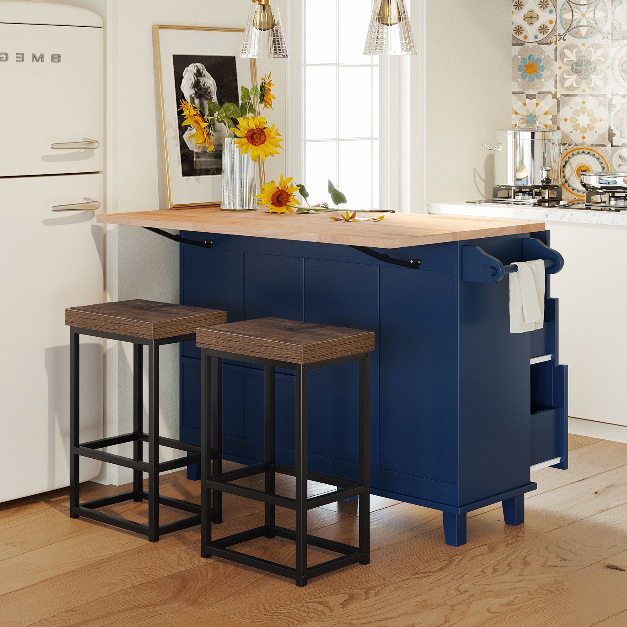 Farmhouse Kitchen Island: Drop Leaf, Storage, Seating