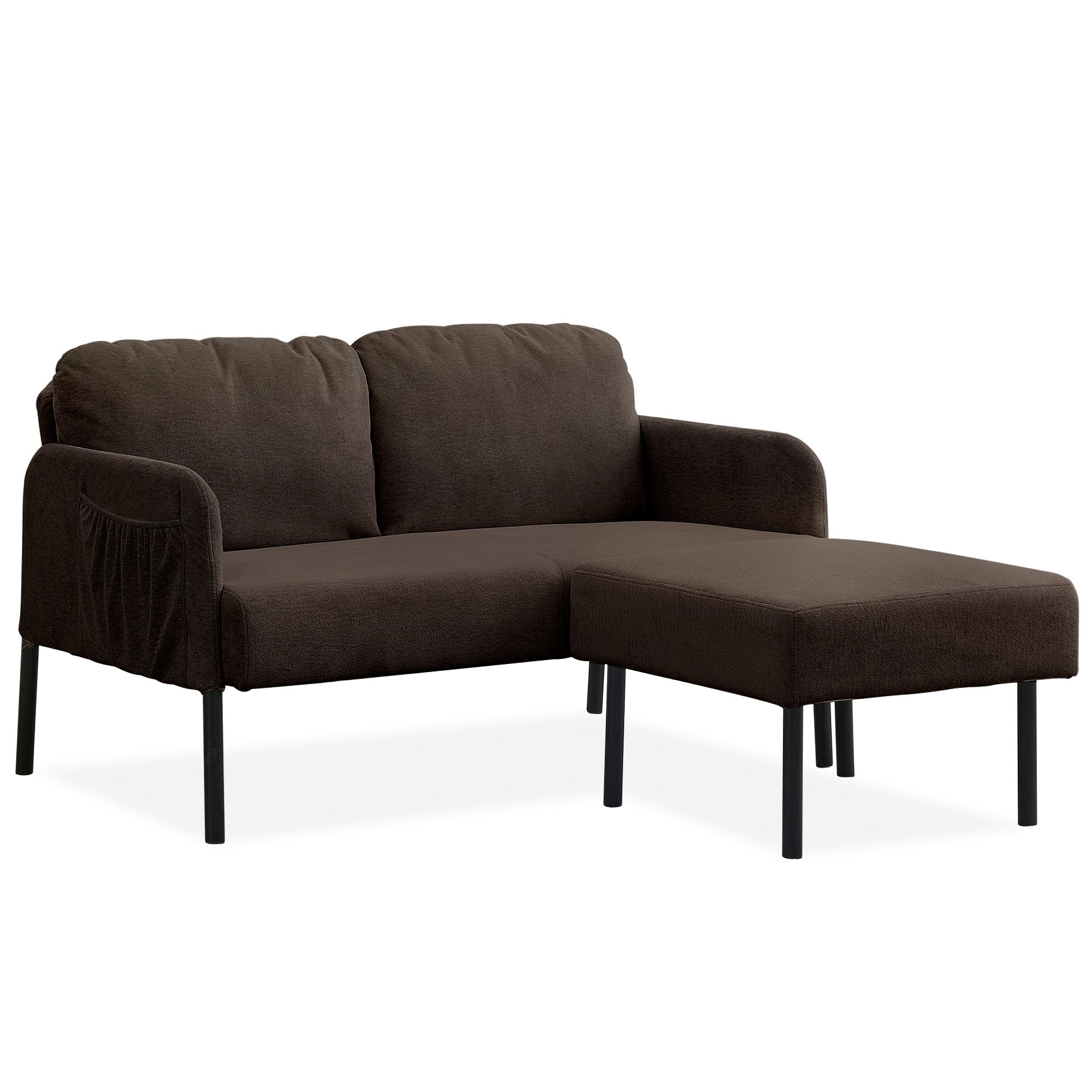 Brown L-Shaped Loveseat Sofa w/ Ottoman | Small Spaces