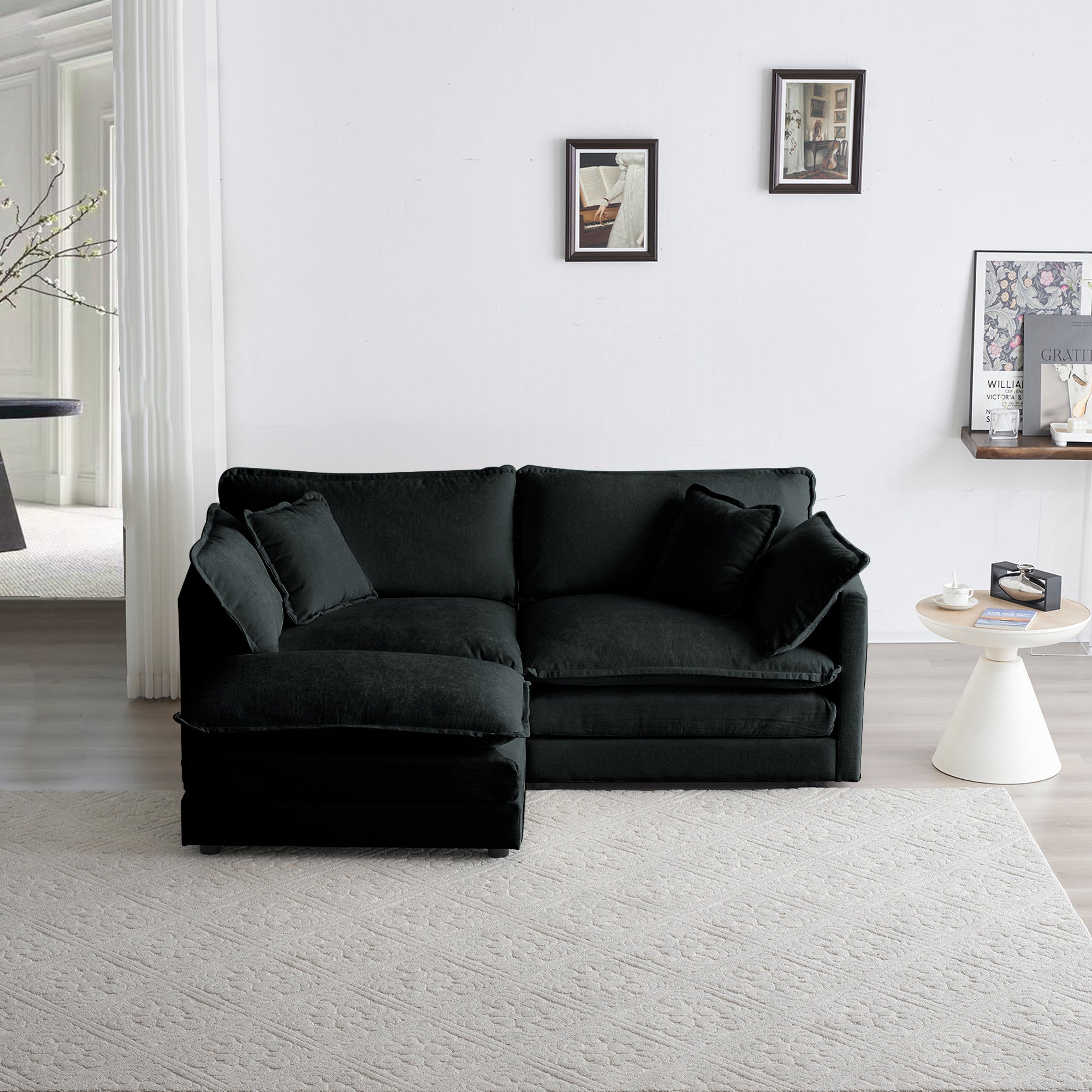 Black Chenille Loveseat & Ottoman: Small Space Sofa