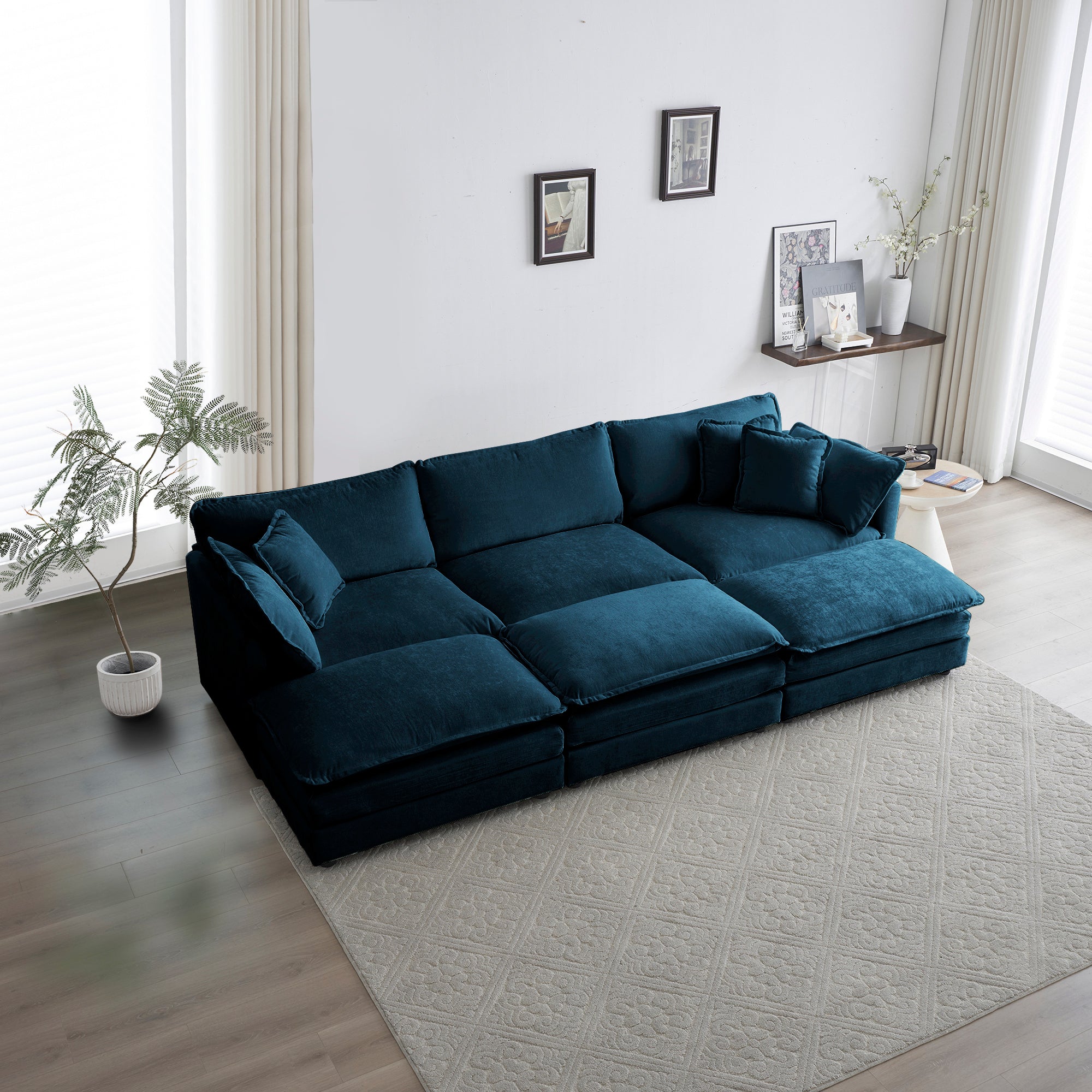 Deep Seat Modular Sectional Sofa, 6 Seater, Blue Chenille