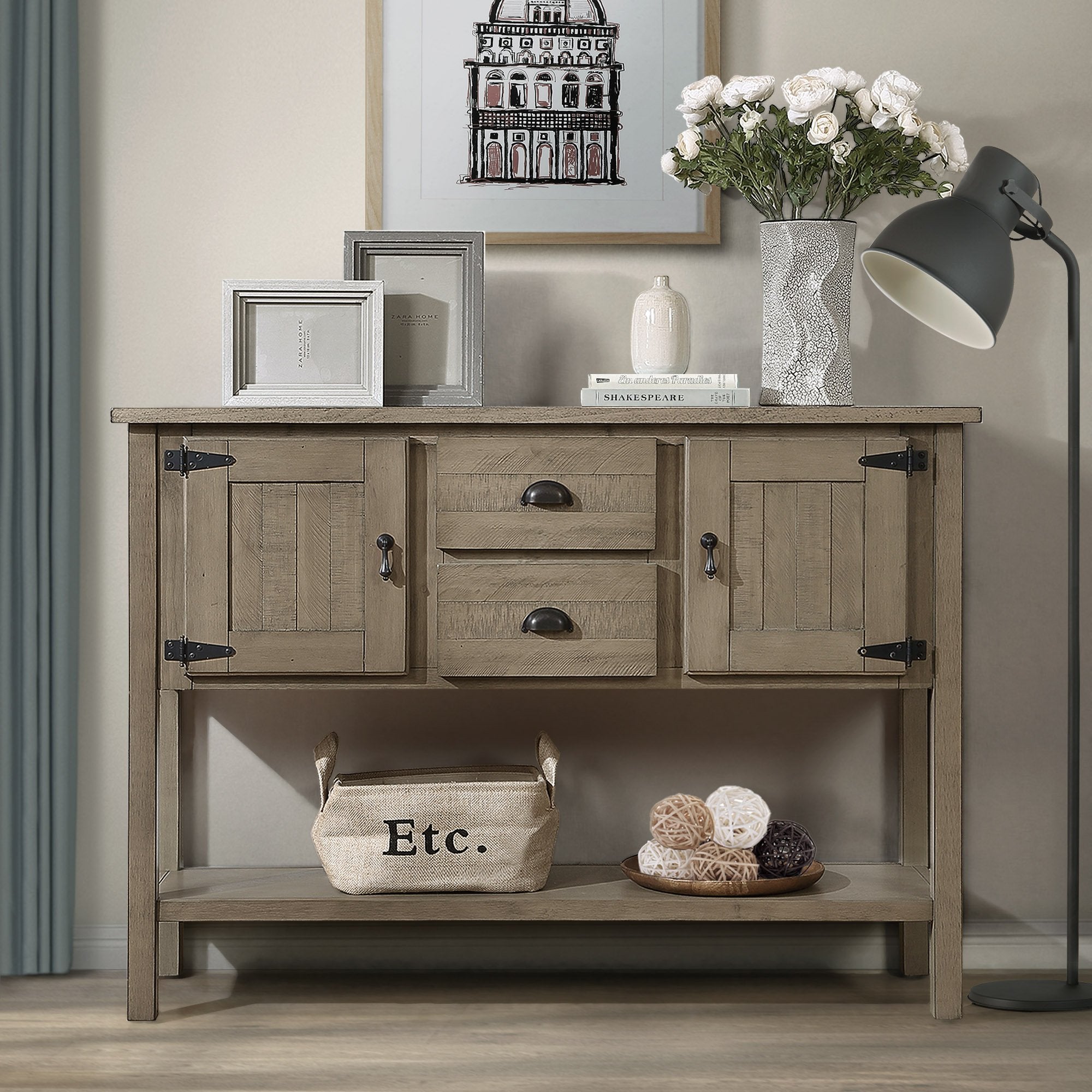 Rustic 48" Wood Sideboard: 2 Drawers & Cabinets