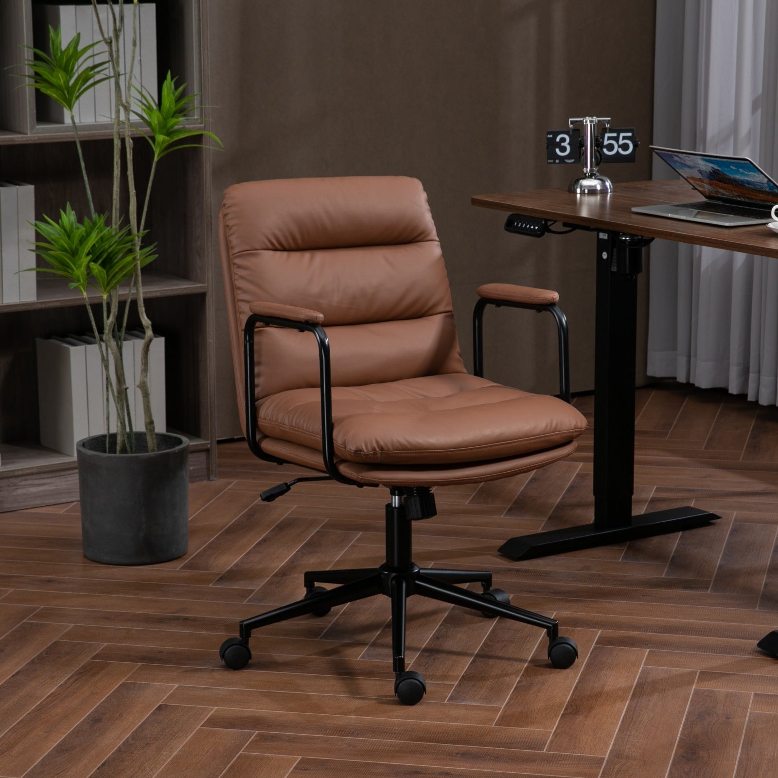Ergonomic Brown Office Chair | Mid-Back Desk Chair w/ Wheels