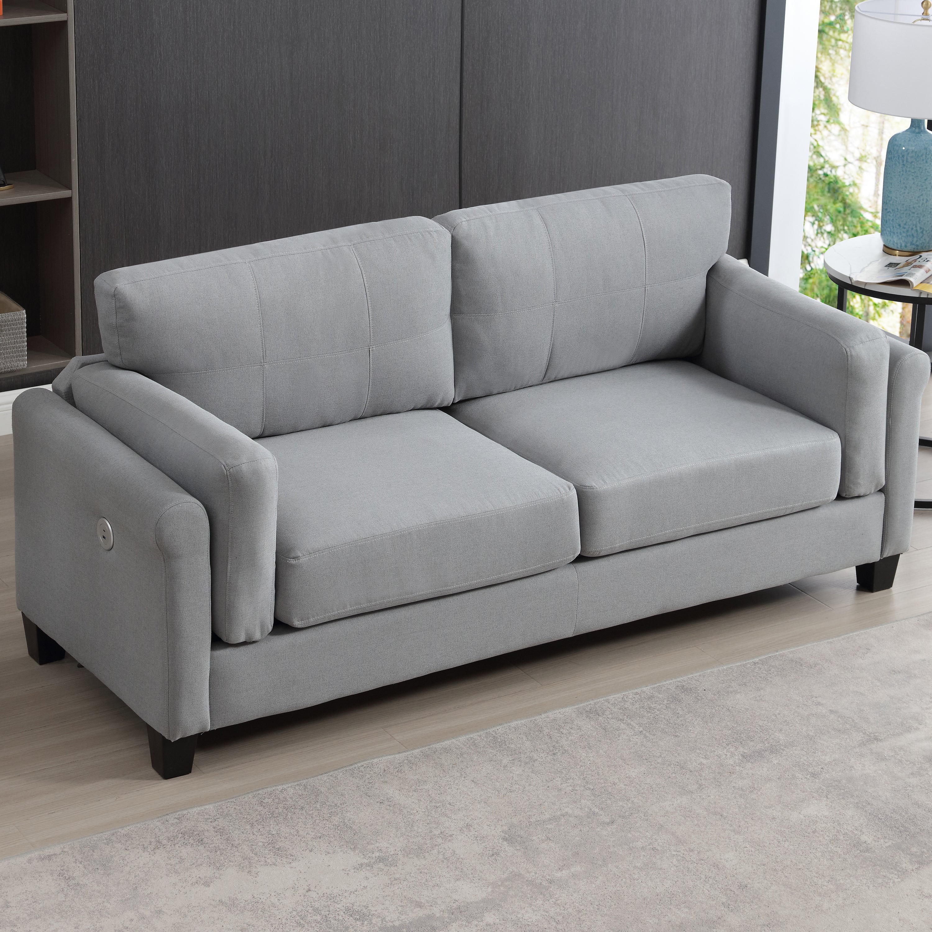 Modern Gray Linen Sofa: USB, Oversized & Tufted