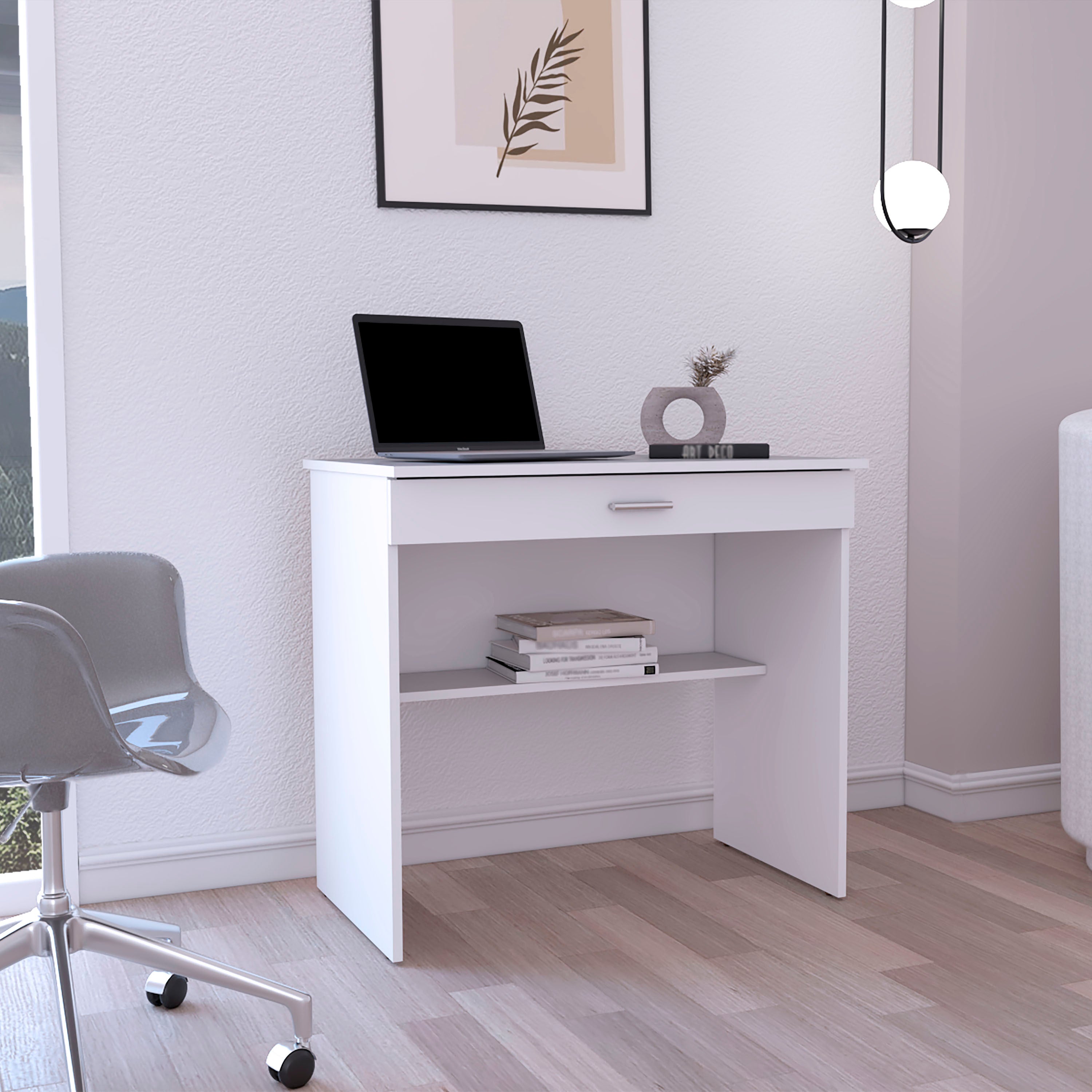 80cm Compact Writing Desk w/ Drawer & Shelf - White