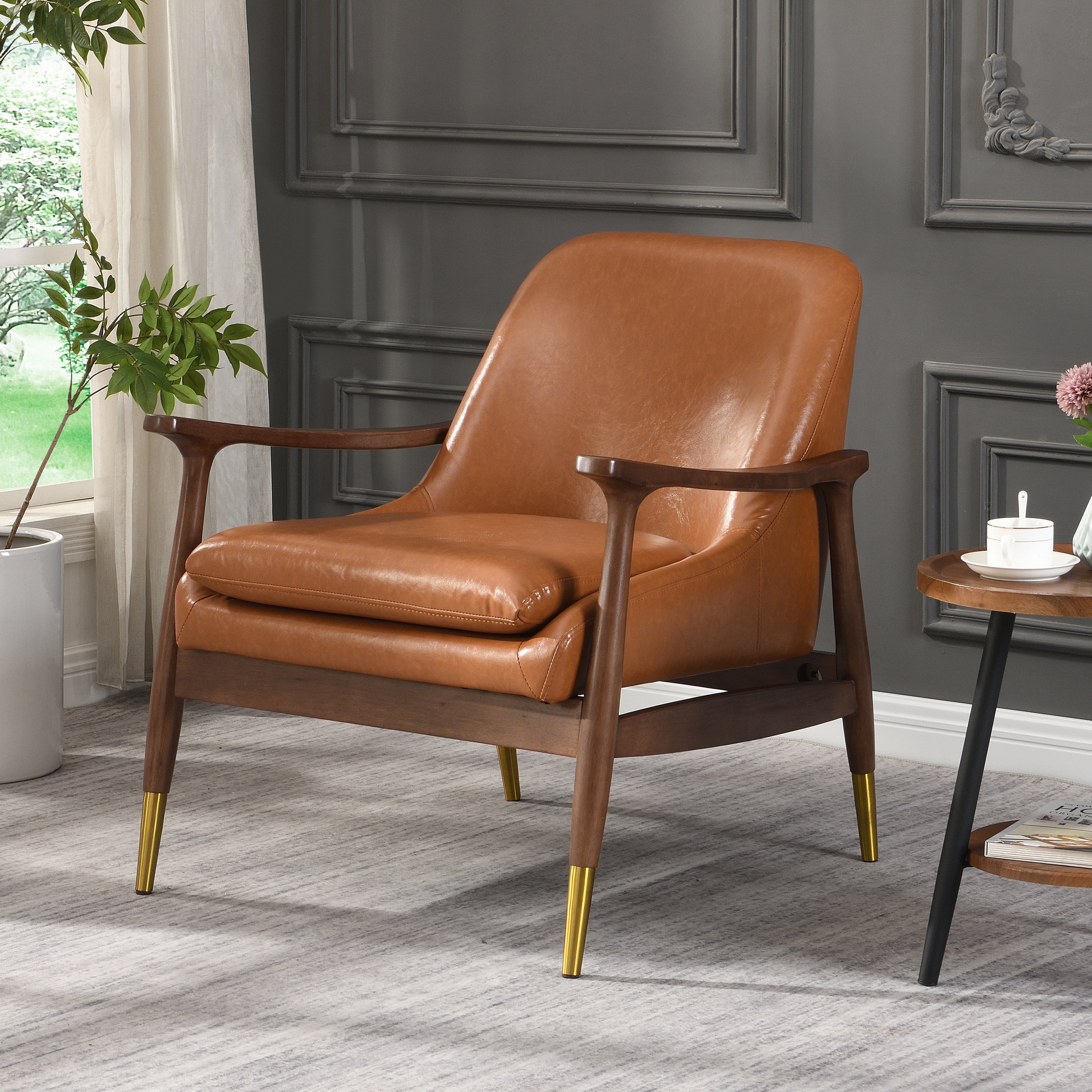 Mid-Century Accent Chair: Faux Leather & Wood