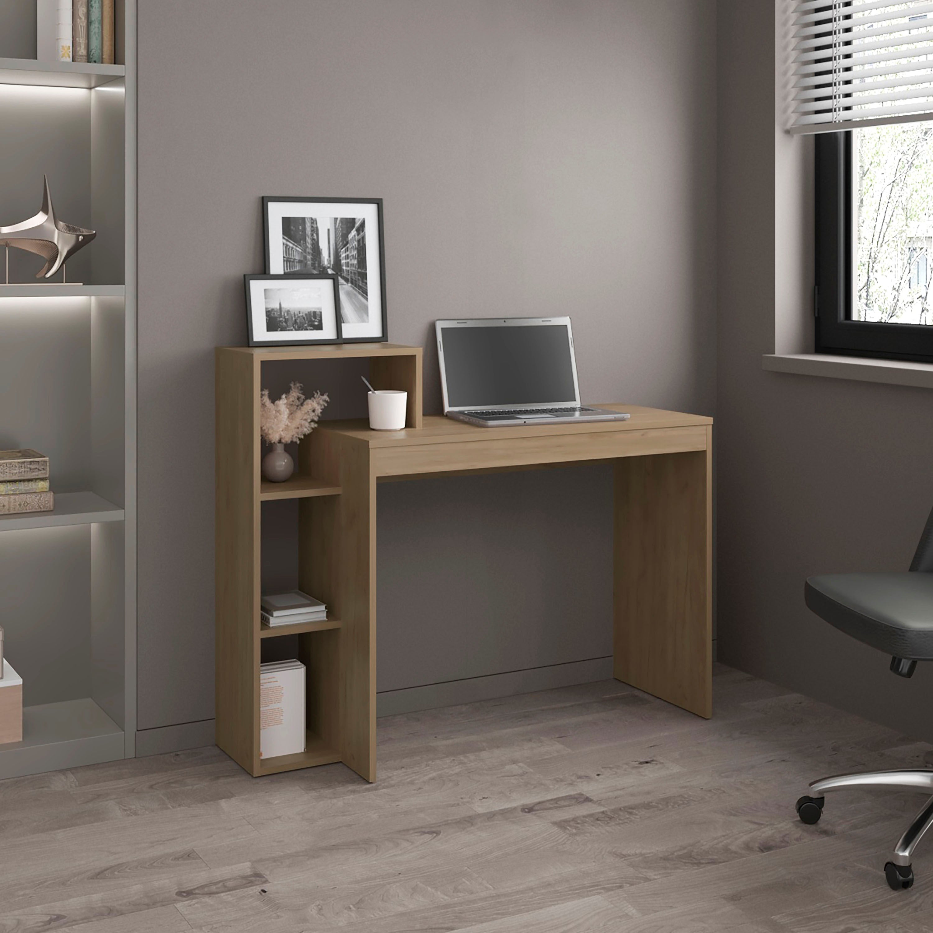 Light Pine Computer Desk w/ 3 Shelves | Modern Home Office