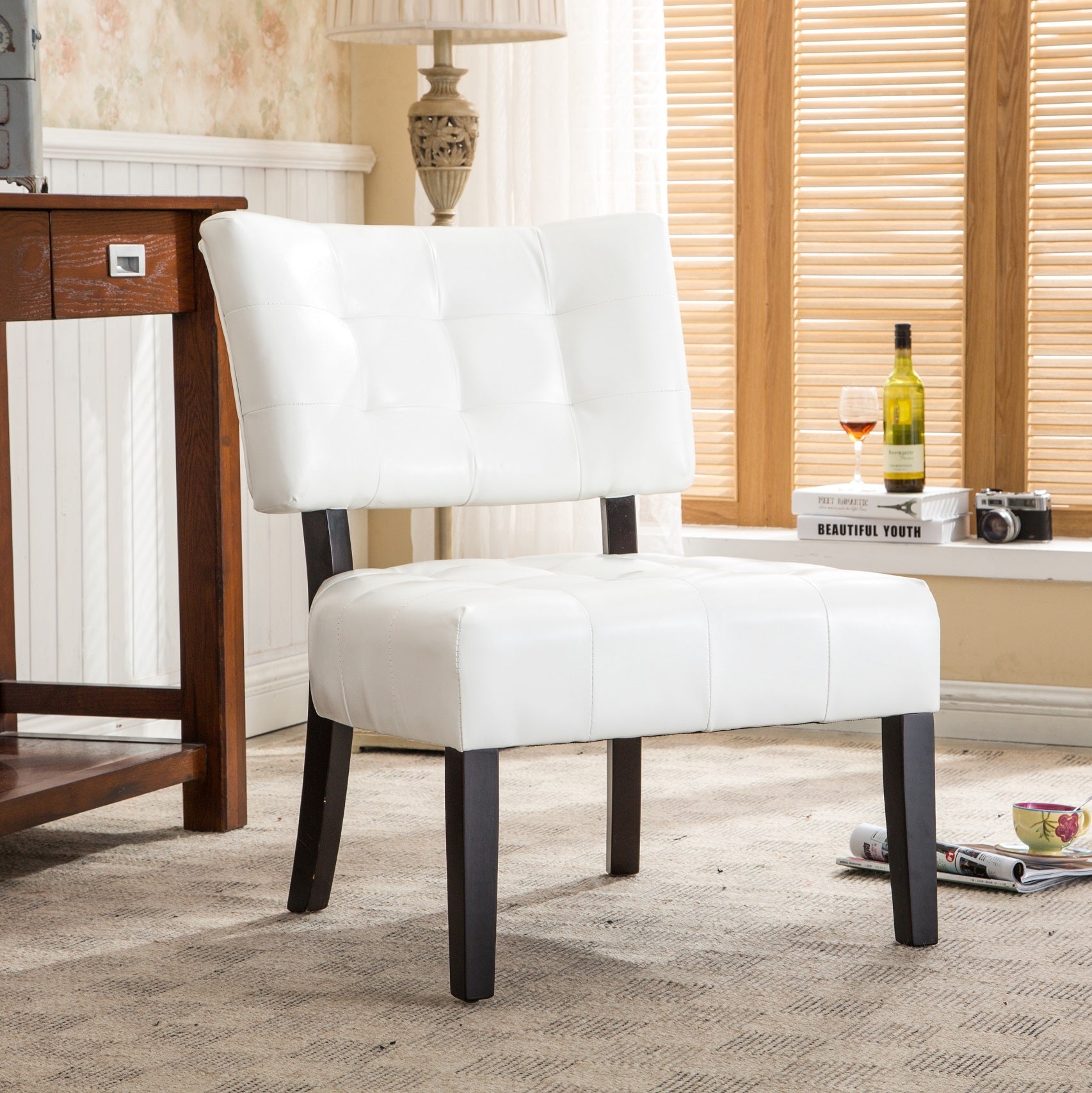 Ivory Tufted Blended Leather Accent Chair